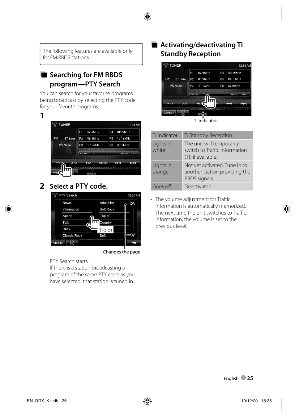 A pty code, Searching for fm rbds program—pty search, Activating/deactivating ti standby reception | Select | Kenwood DDX3048 User Manual | Page 25 / 64