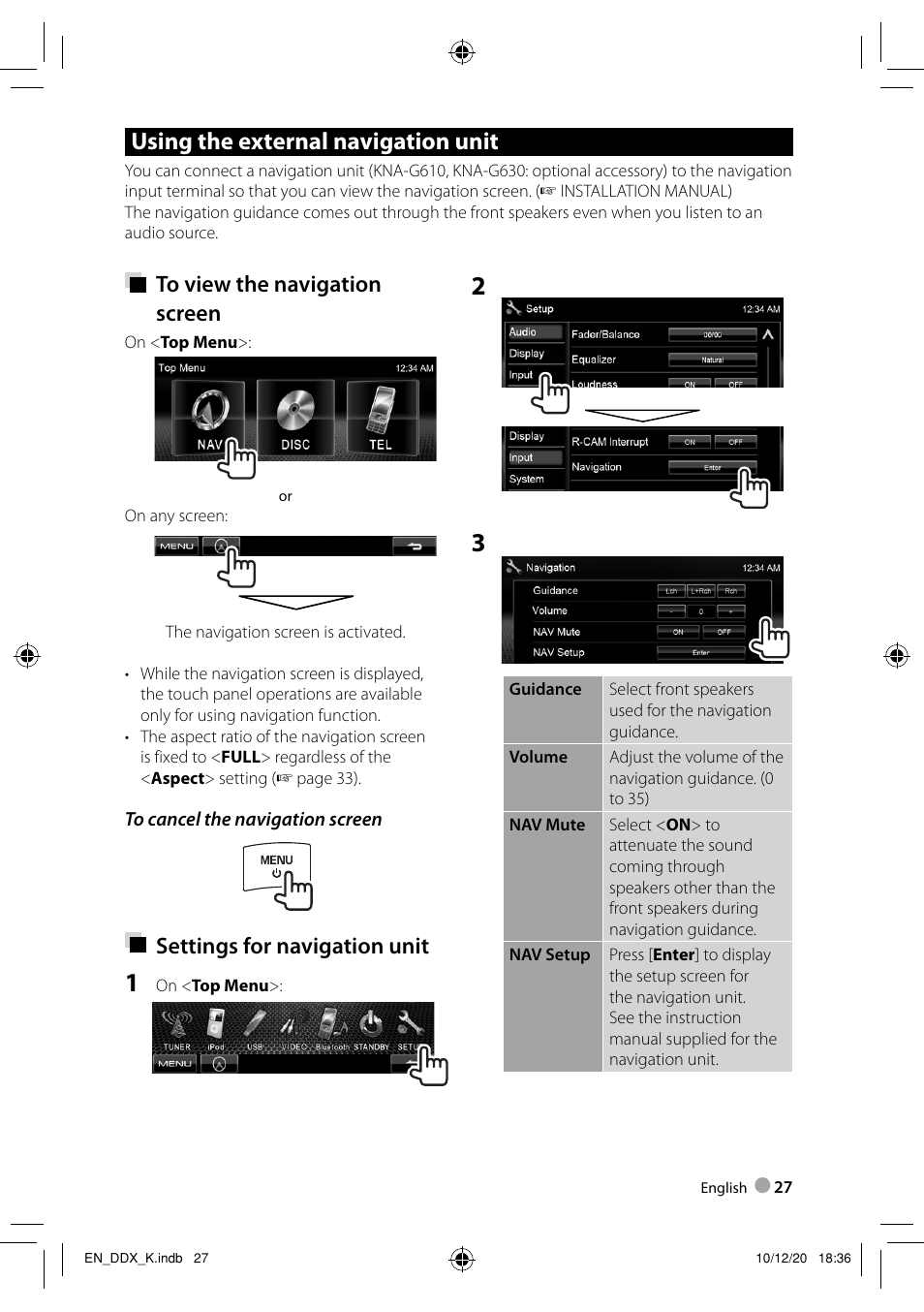 Using the external navigation unit, Settings for navigation unit | Kenwood DDX3048 User Manual | Page 27 / 64