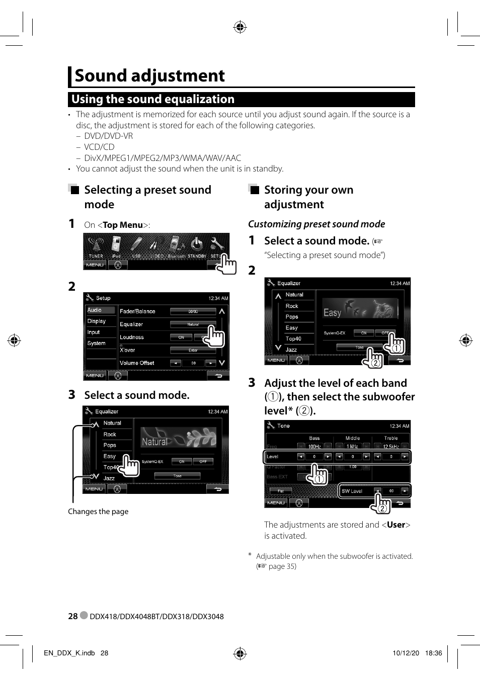 Sound adjustment, Using the sound equalization | Kenwood DDX3048 User Manual | Page 28 / 64