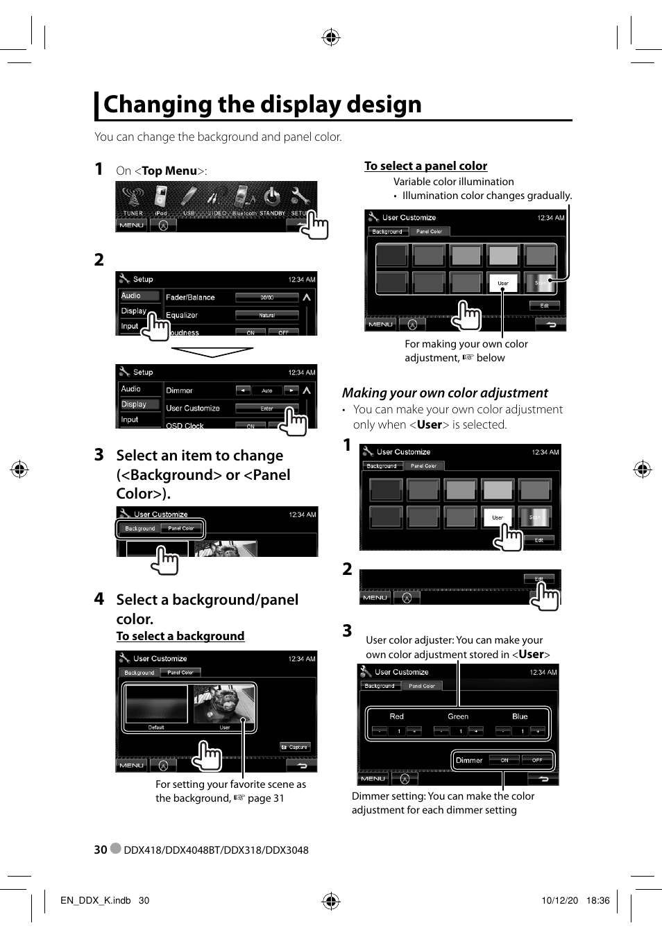 Changing the display design | Kenwood DDX3048 User Manual | Page 30 / 64