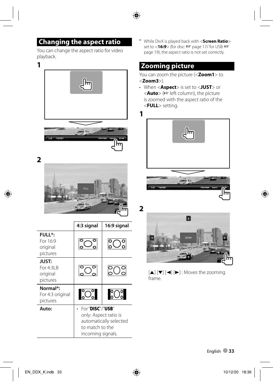 Changing the aspect ratio, Zooming picture | Kenwood DDX3048 User Manual | Page 33 / 64