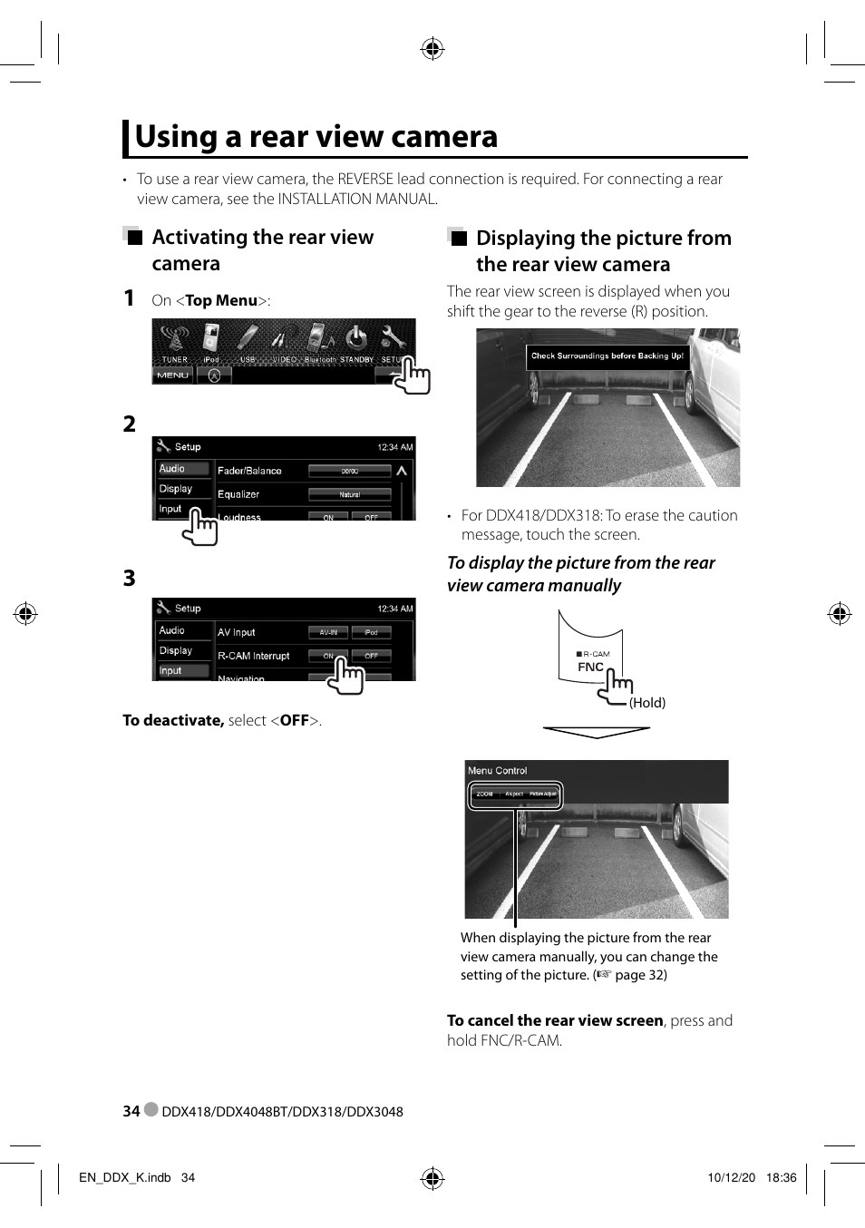 Using a rear view camera, Activating the rear view camera, Displaying the picture from the rear view camera | Kenwood DDX3048 User Manual | Page 34 / 64