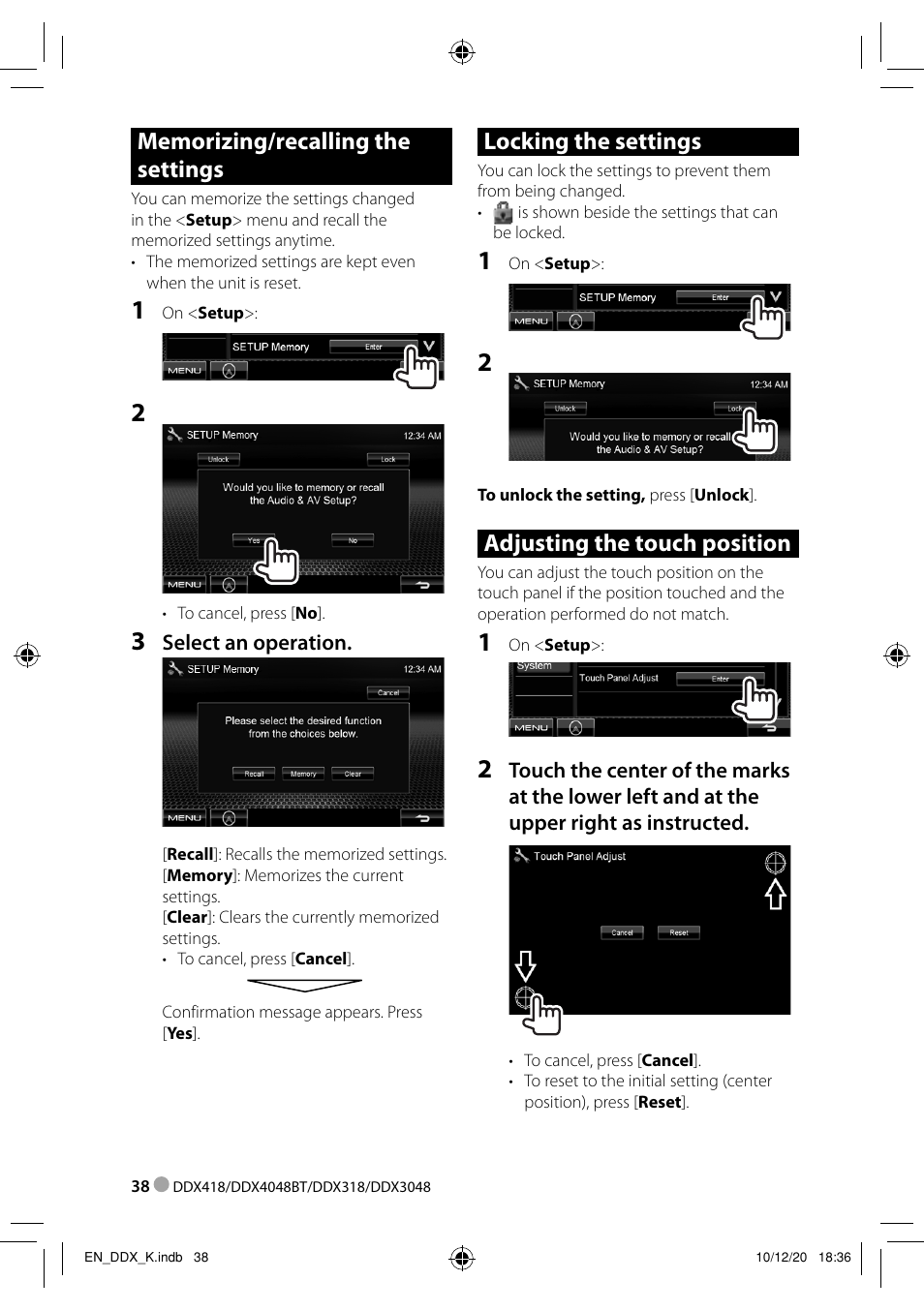 Locking the settings, Adjusting the touch position | Kenwood DDX3048 User Manual | Page 38 / 64
