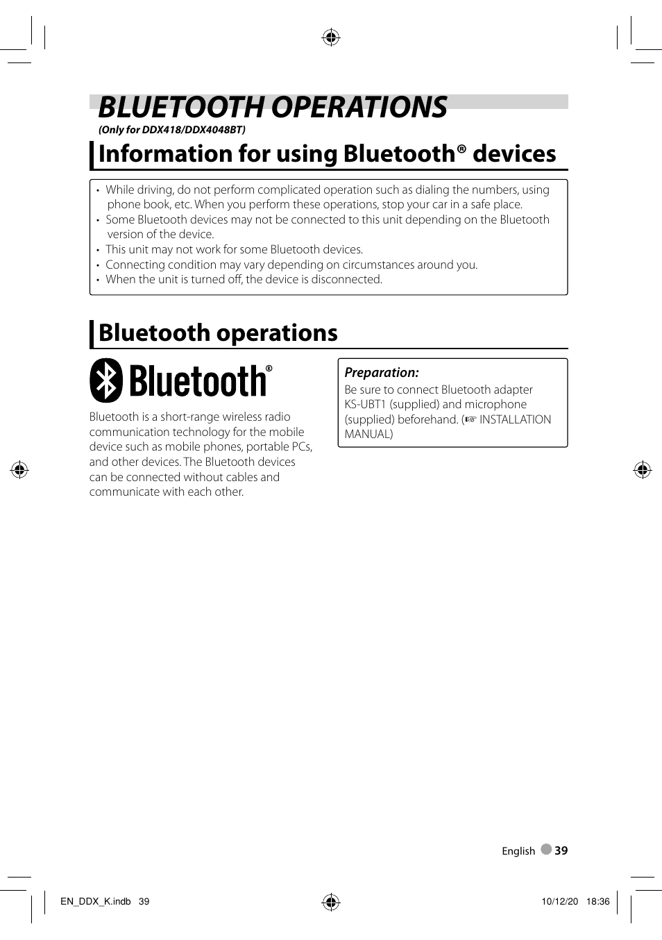 Bluetooth operations, Information for using bluetooth® devices | Kenwood DDX3048 User Manual | Page 39 / 64