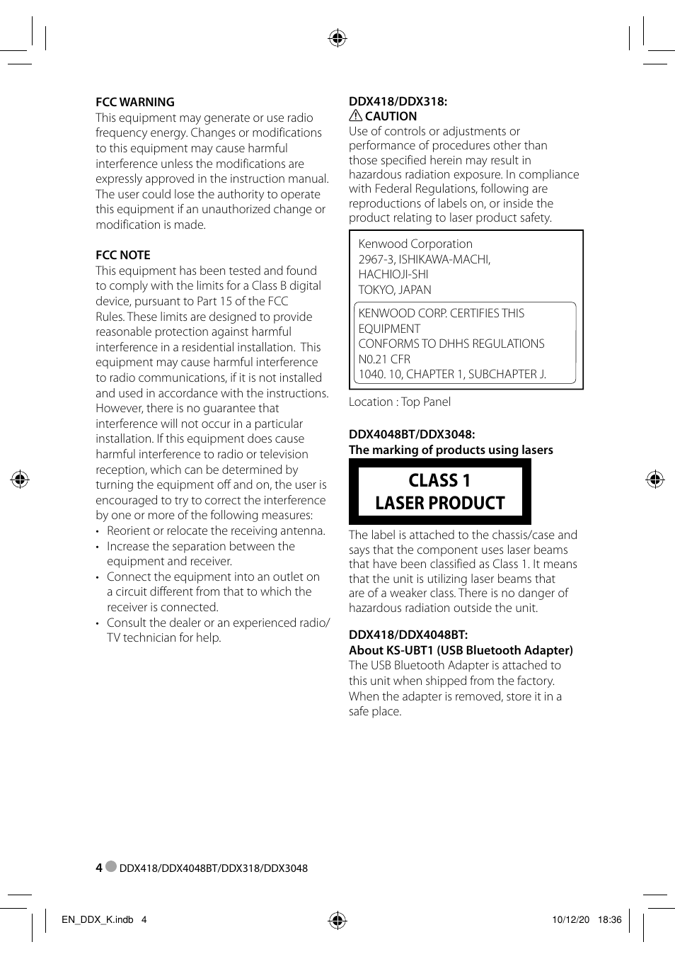 Class 1 laser product | Kenwood DDX3048 User Manual | Page 4 / 64