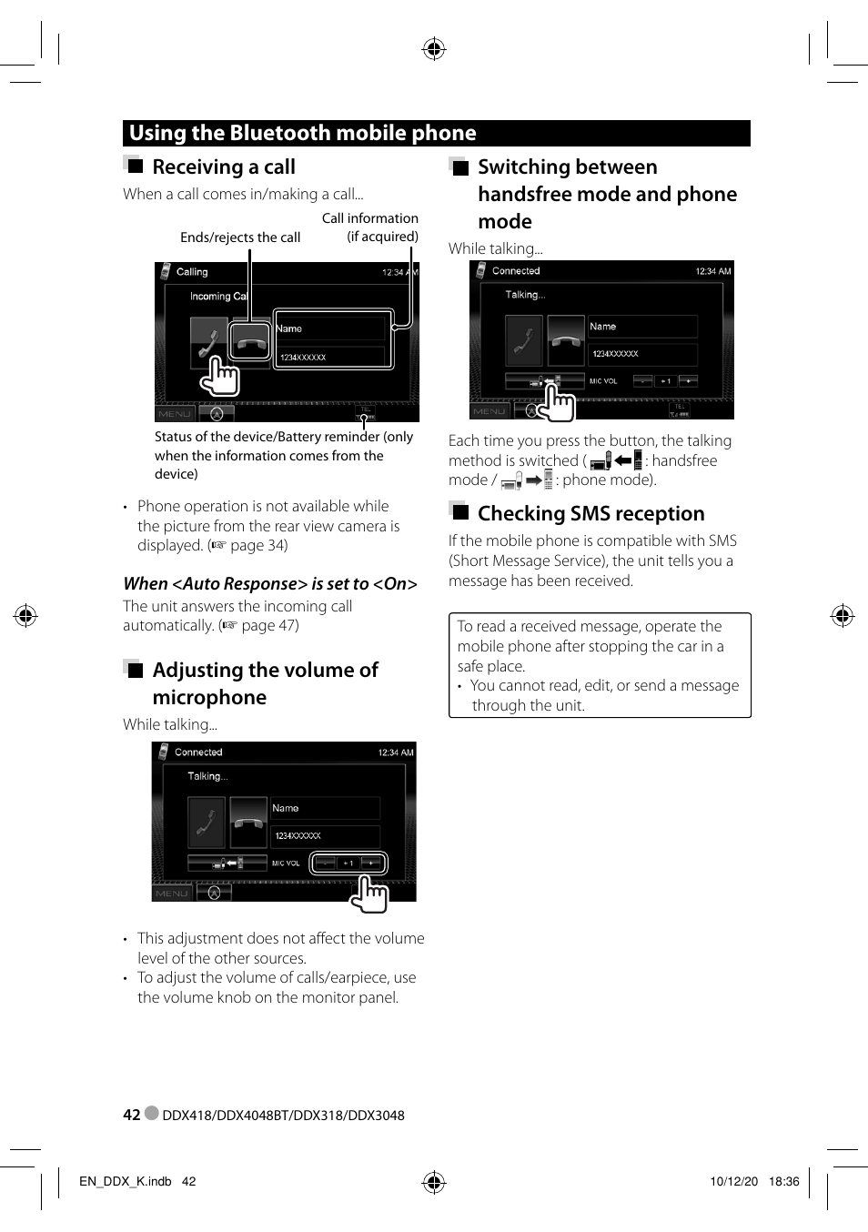 Using the bluetooth mobile phone, Receiving a call, Adjusting the volume of microphone | Switching between handsfree mode and phone mode, Checking sms reception | Kenwood DDX3048 User Manual | Page 42 / 64