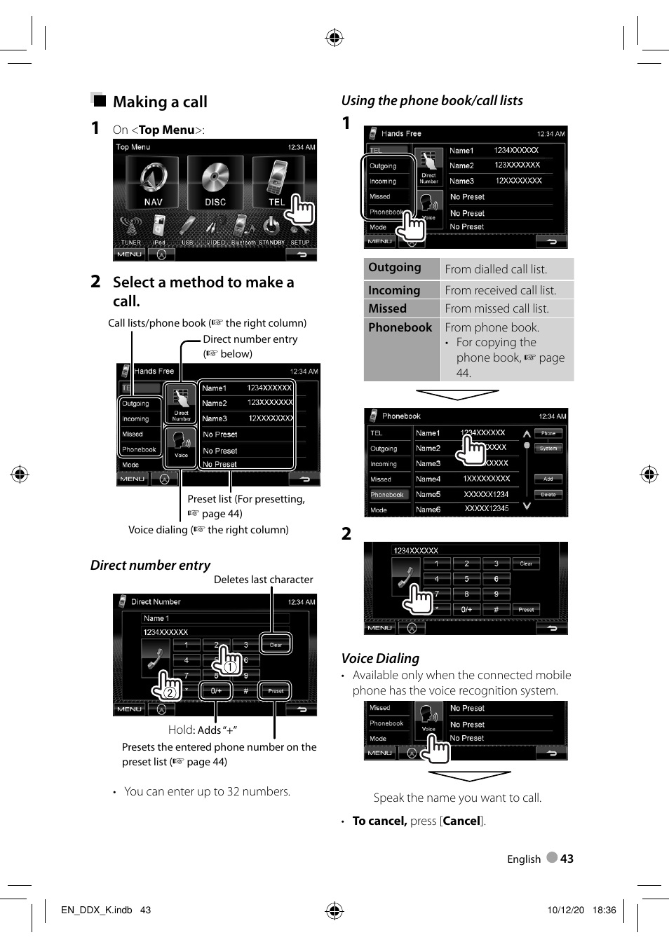 Making a call, Select a method to make a call | Kenwood DDX3048 User Manual | Page 43 / 64