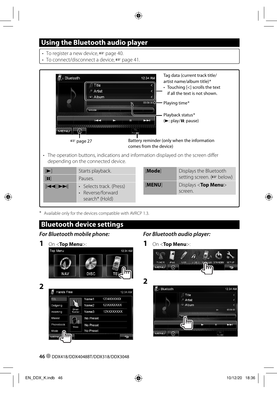 Using the bluetooth audio player, Bluetooth device settings | Kenwood DDX3048 User Manual | Page 46 / 64