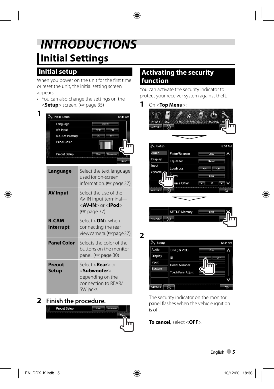 Introductions, Initial settings, Initial setup | Activating the security function | Kenwood DDX3048 User Manual | Page 5 / 64