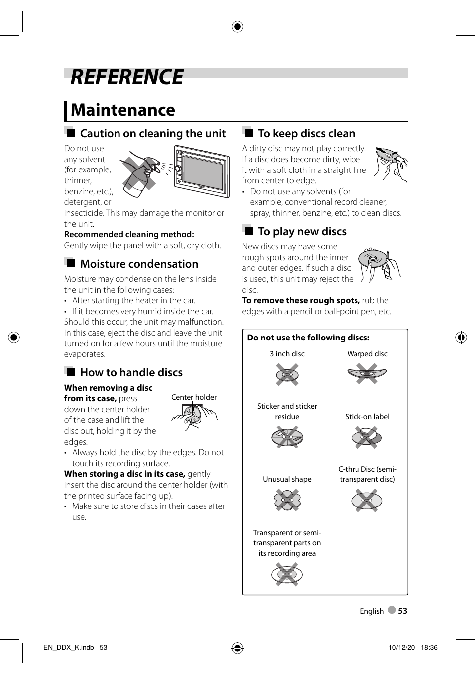 Reference, Maintenance, Caution on cleaning the unit | Moisture condensation, How to handle discs | Kenwood DDX3048 User Manual | Page 53 / 64