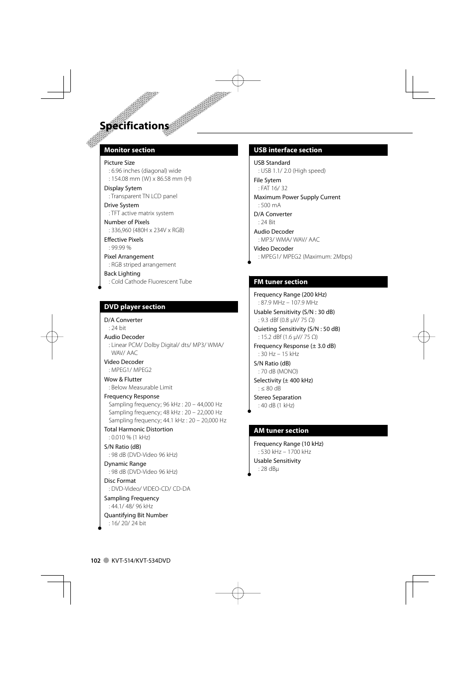 Specifications | Kenwood KVT-534DVD User Manual | Page 102 / 104