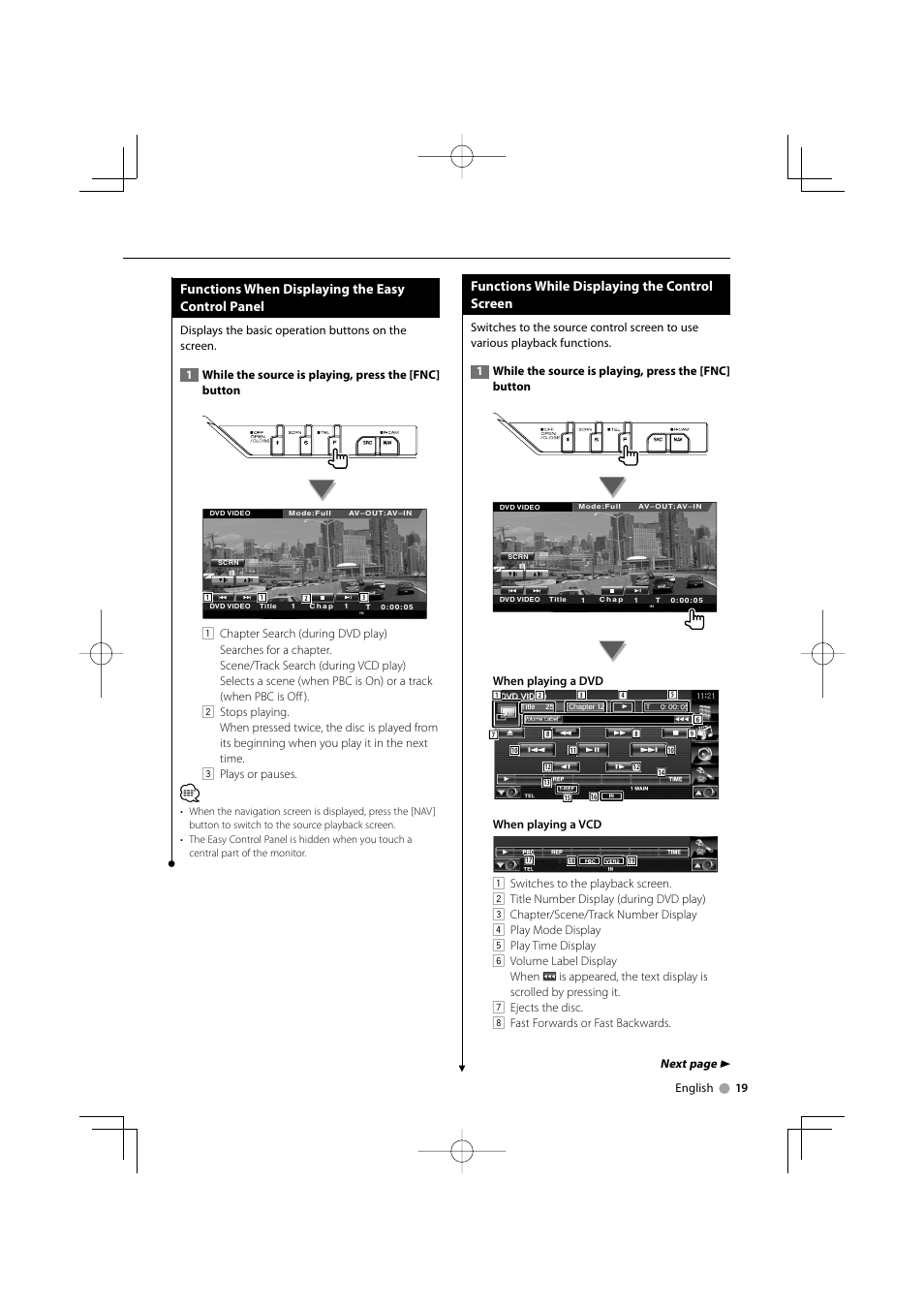 Functions when displaying the easy control panel, Functions while displaying the control screen, Next page 3 | Kenwood KVT-534DVD User Manual | Page 19 / 104