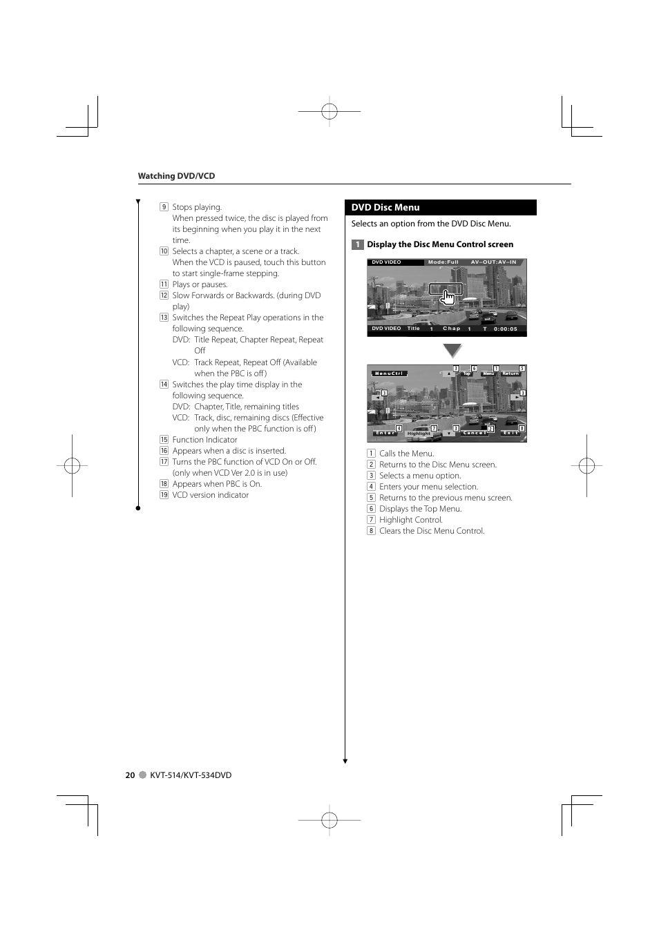 Dvd disc menu | Kenwood KVT-534DVD User Manual | Page 20 / 104