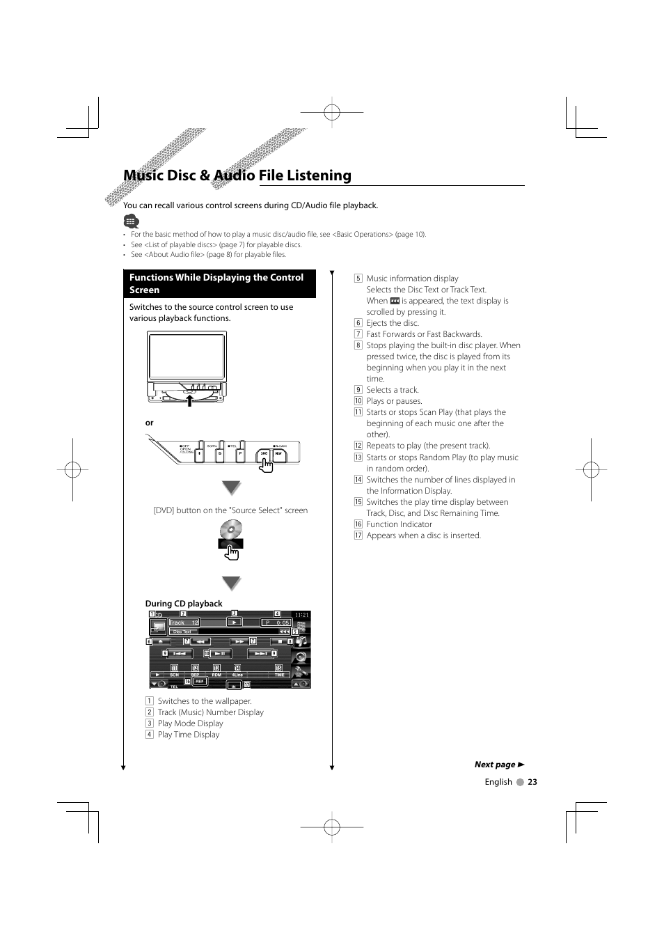 Music disc & audio file listening | Kenwood KVT-534DVD User Manual | Page 23 / 104