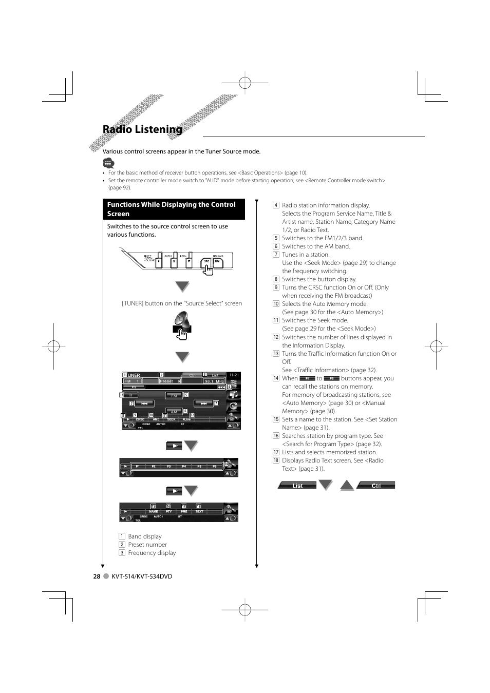 Radio listening | Kenwood KVT-534DVD User Manual | Page 28 / 104