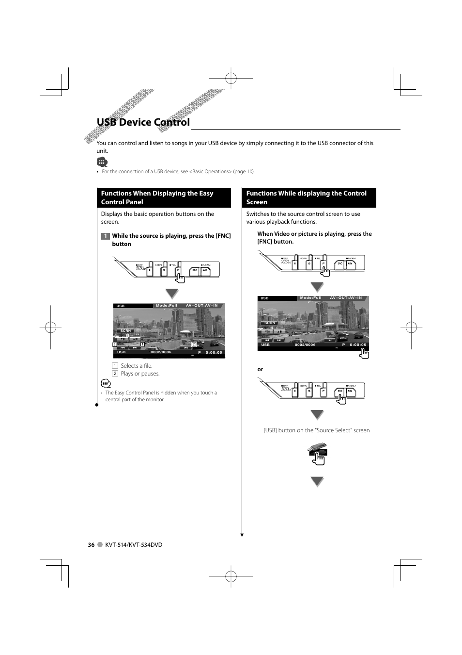 Usb device control, Functions when displaying the easy control panel, Functions while displaying the control screen | Kenwood KVT-534DVD User Manual | Page 36 / 104