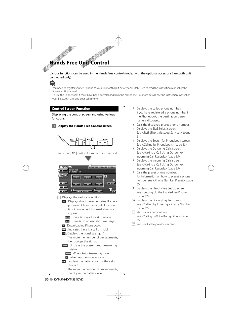 Hands free unit control | Kenwood KVT-534DVD User Manual | Page 50 / 104