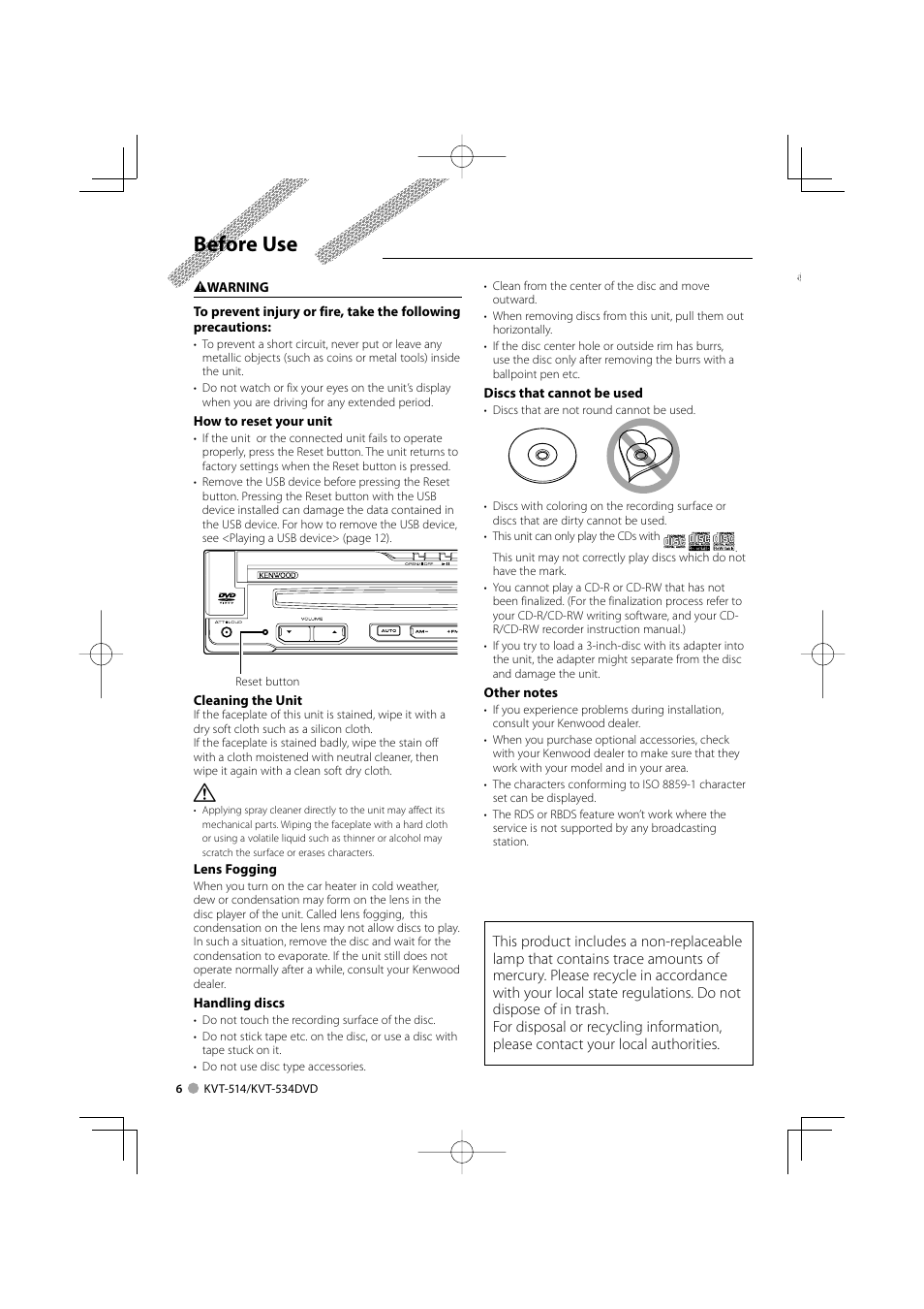 Before use | Kenwood KVT-534DVD User Manual | Page 6 / 104