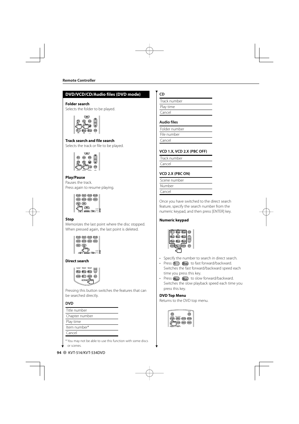 Dvd/vcd/cd/audio files (dvd mode), Folder search selects the folder to be played, Direct search | Remote controller | Kenwood KVT-534DVD User Manual | Page 94 / 104