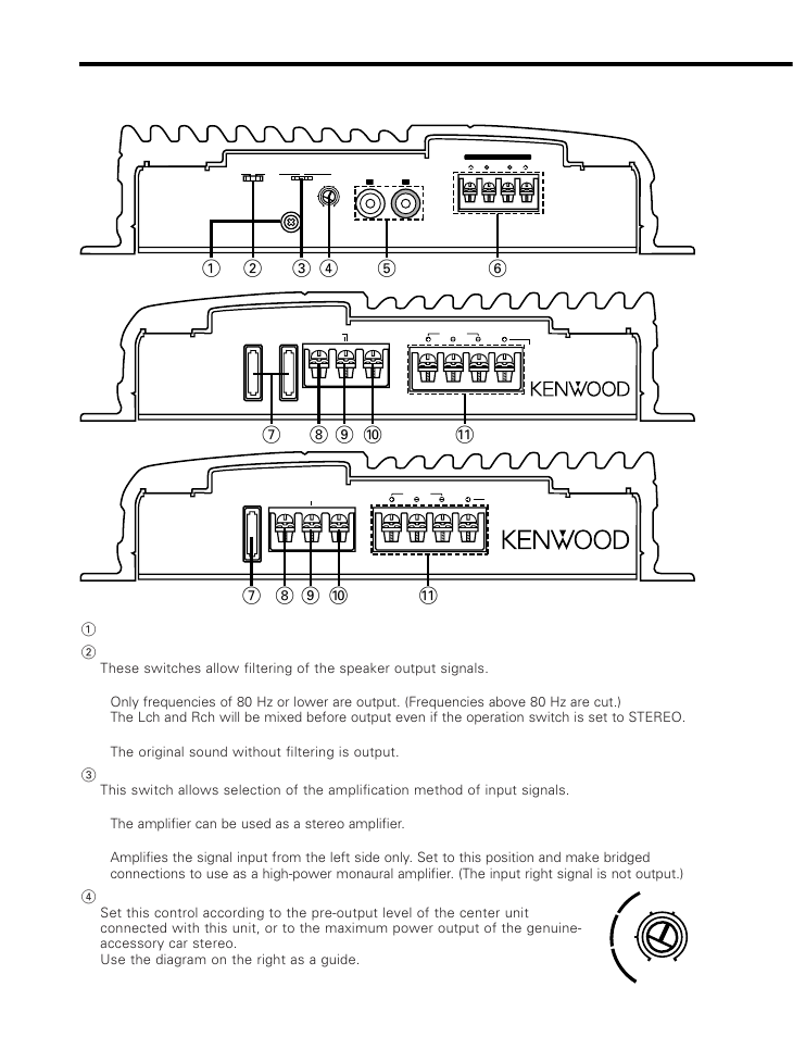 Controls, Kac-526x, Rca cable ground lead terminal | Filter switch, Operation switch, Input sensitivity control, Lpf (low pass filter) position, Off position, Stereo position, Mono (lch) position | Kenwood 526 User Manual | Page 4 / 9