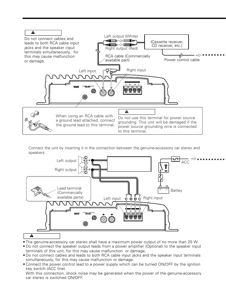 Connection, Rca cable connection, Speaker level input connection | Rca cable ground terminal, Speaker level input terminals | Kenwood 526 User Manual | Page 6 / 9