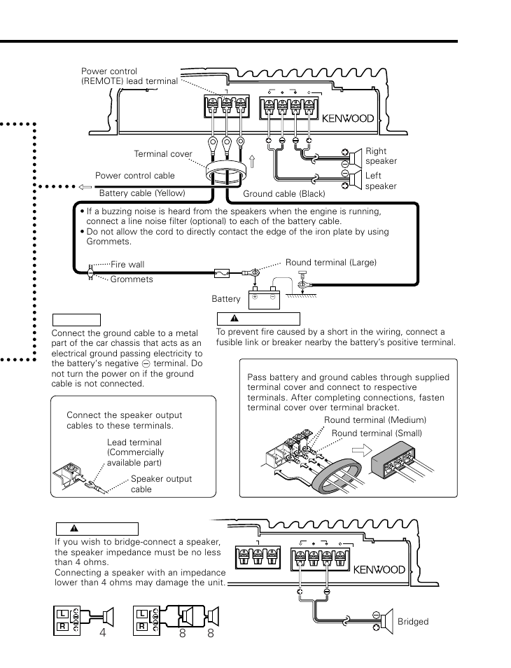 8 ω ≥ 8 ω, Power and speakers cable connection, Bridged) | Kenwood 526 User Manual | Page 7 / 9