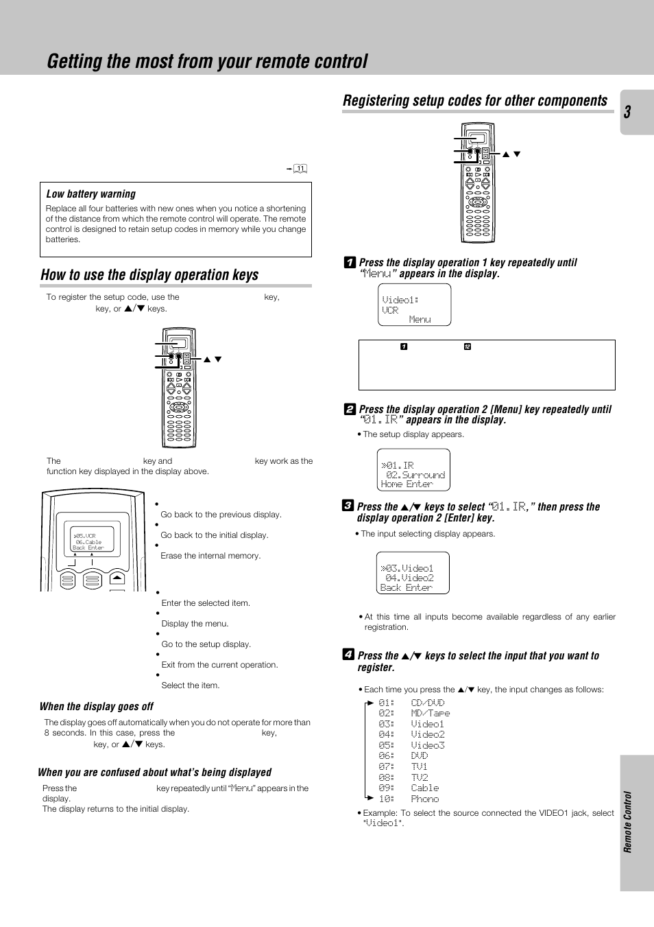 Getting the most from your remote control, How to use the display operation keys, Registering setup codes for other components | Kenwood KRF-V8030D User Manual | Page 3 / 14