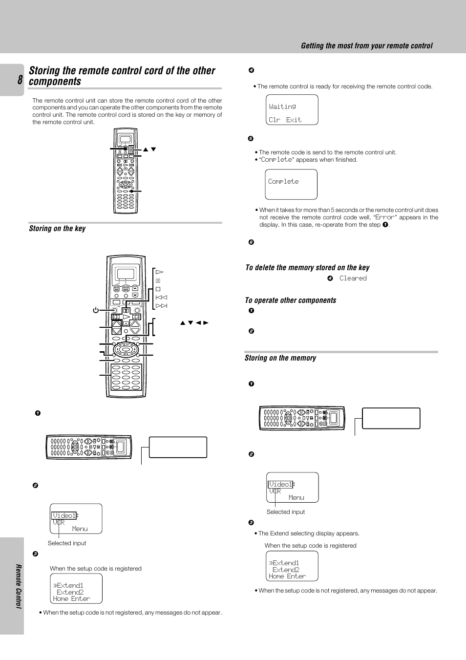 Getting the most from your remote control, Storing on the key, Remote control | Music, movie, tv learn, Display operation 2 5 | Kenwood KRF-V8030D User Manual | Page 8 / 14