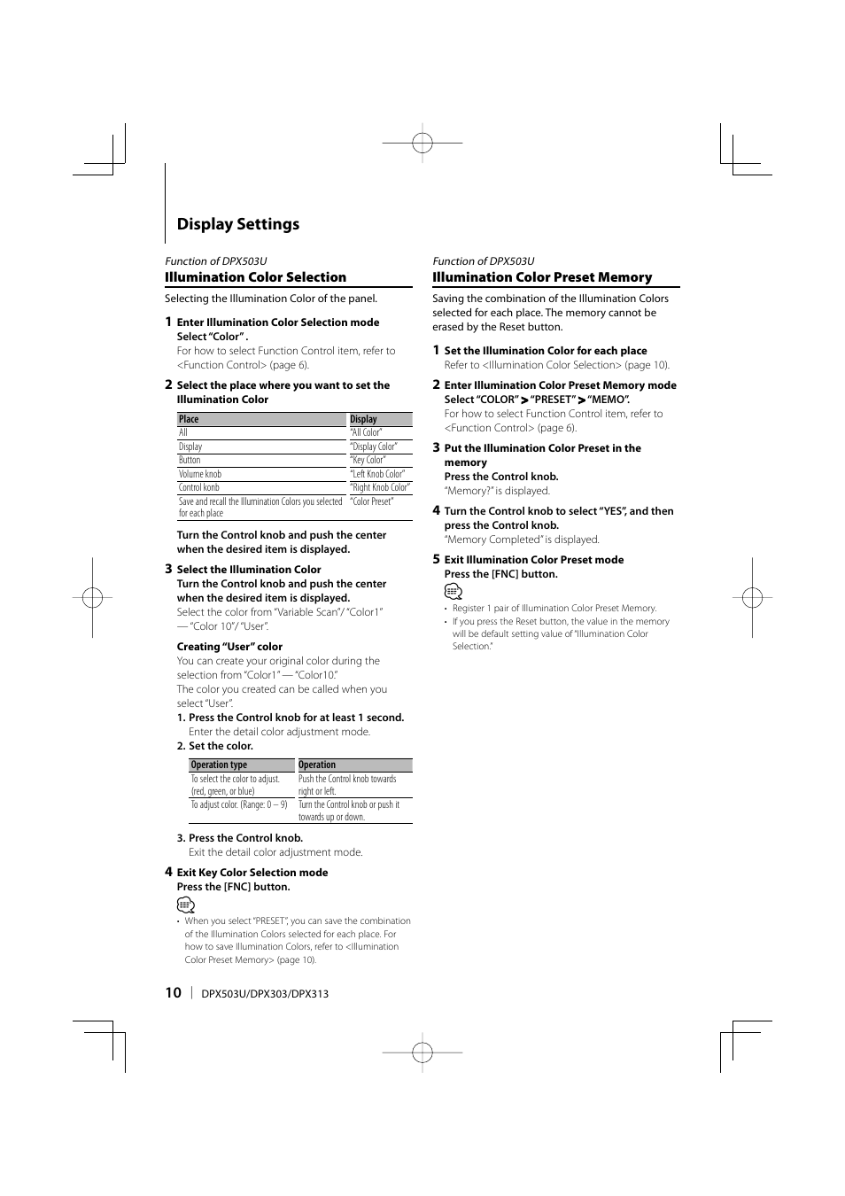 Display settings | Kenwood DPX313 User Manual | Page 10 / 36