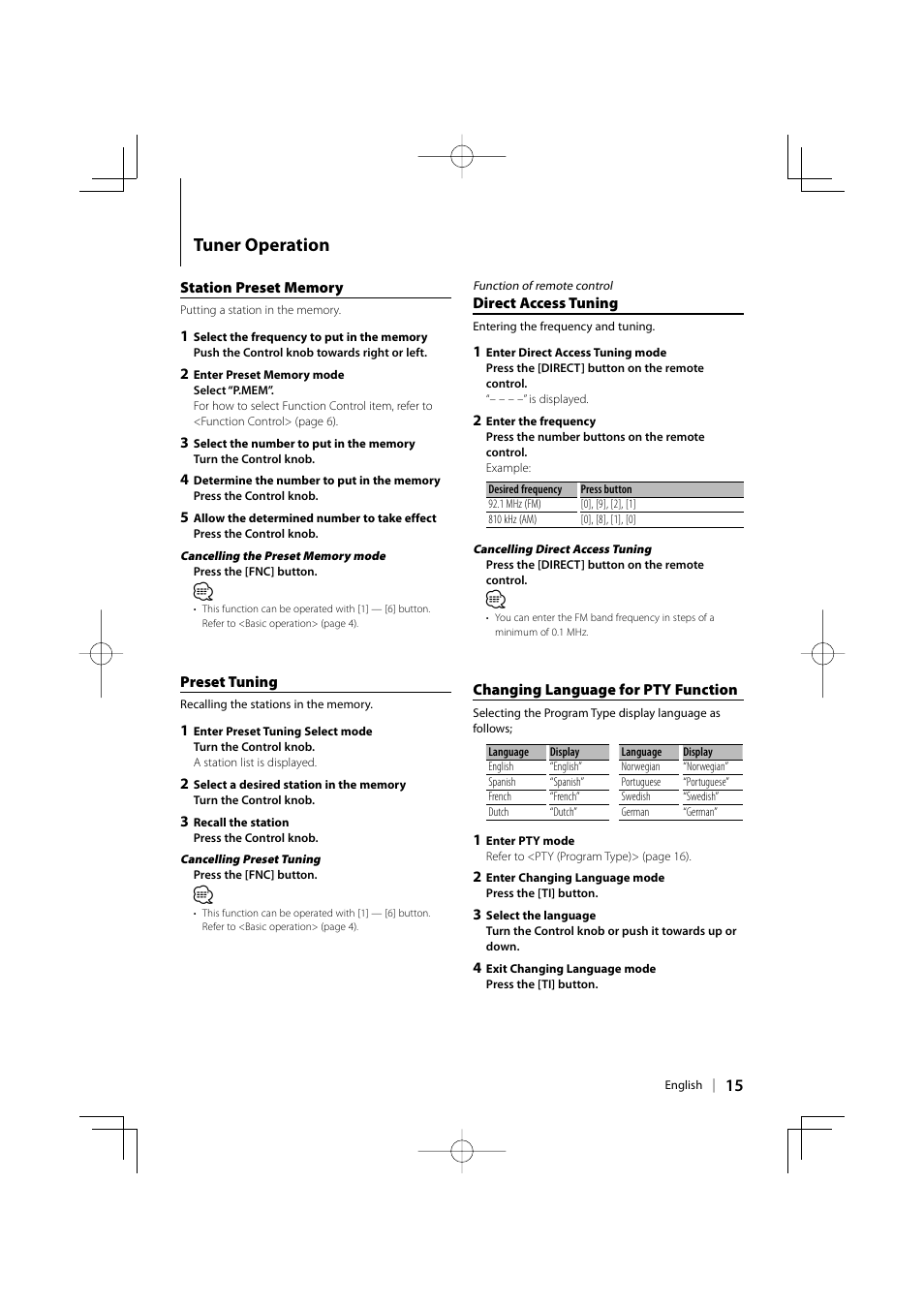 Tuner operation | Kenwood DPX313 User Manual | Page 15 / 36