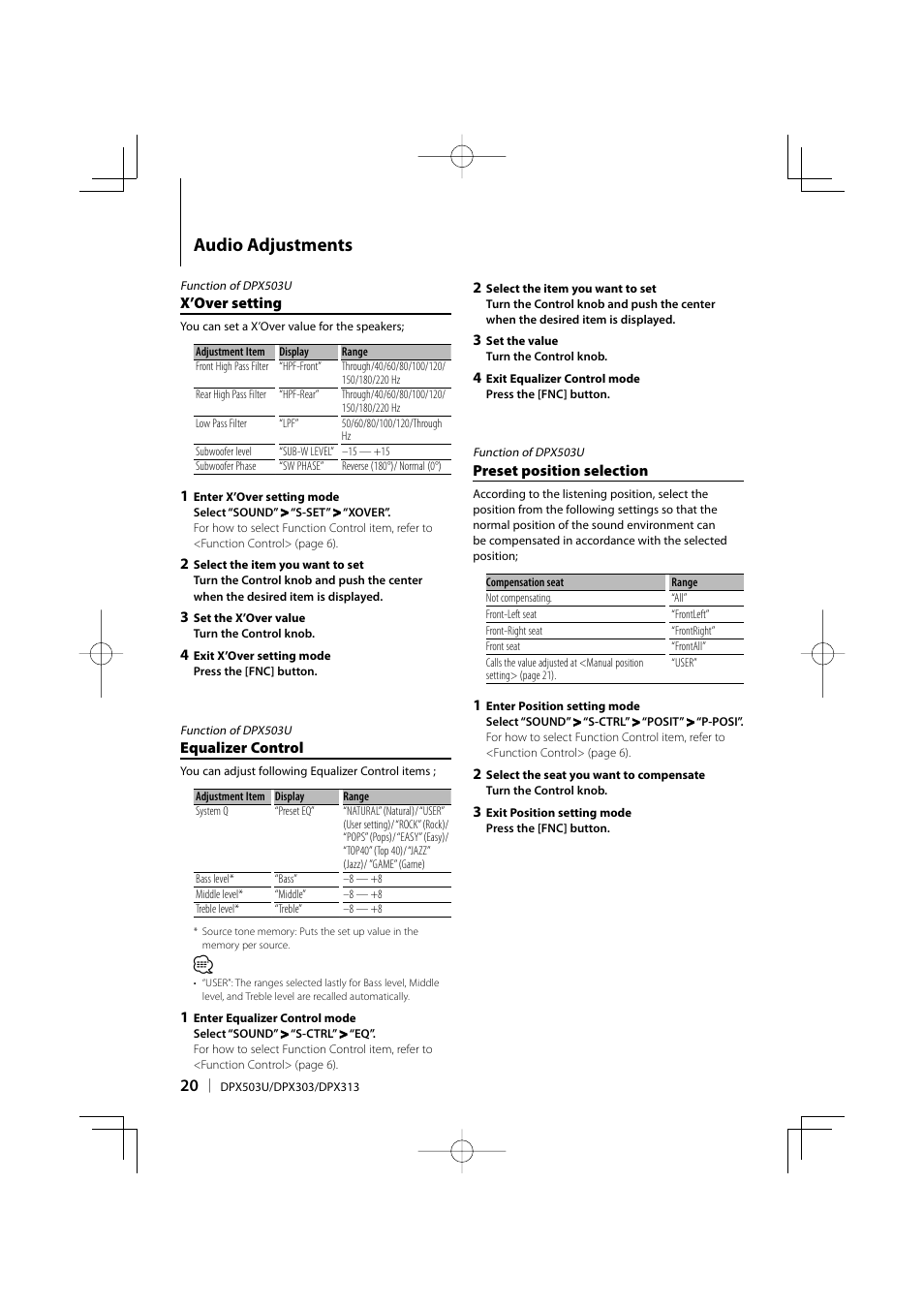 Audio adjustments | Kenwood DPX313 User Manual | Page 20 / 36