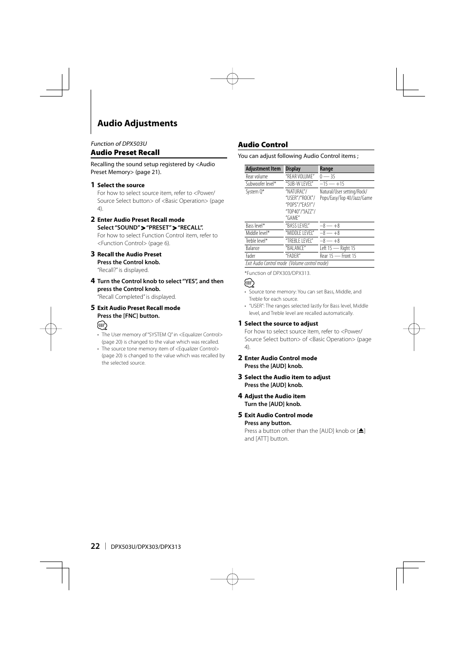 Audio adjustments | Kenwood DPX313 User Manual | Page 22 / 36