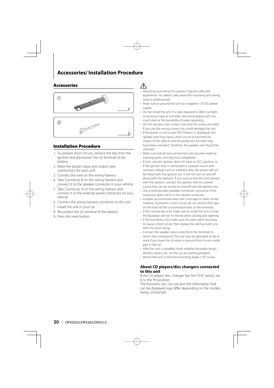 Accessories/ installation procedure, Accessories 1 2 installation procedure | Kenwood DPX313 User Manual | Page 30 / 36