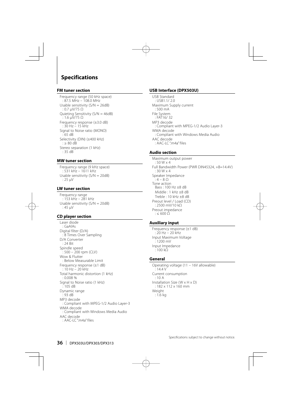 Specifications | Kenwood DPX313 User Manual | Page 36 / 36