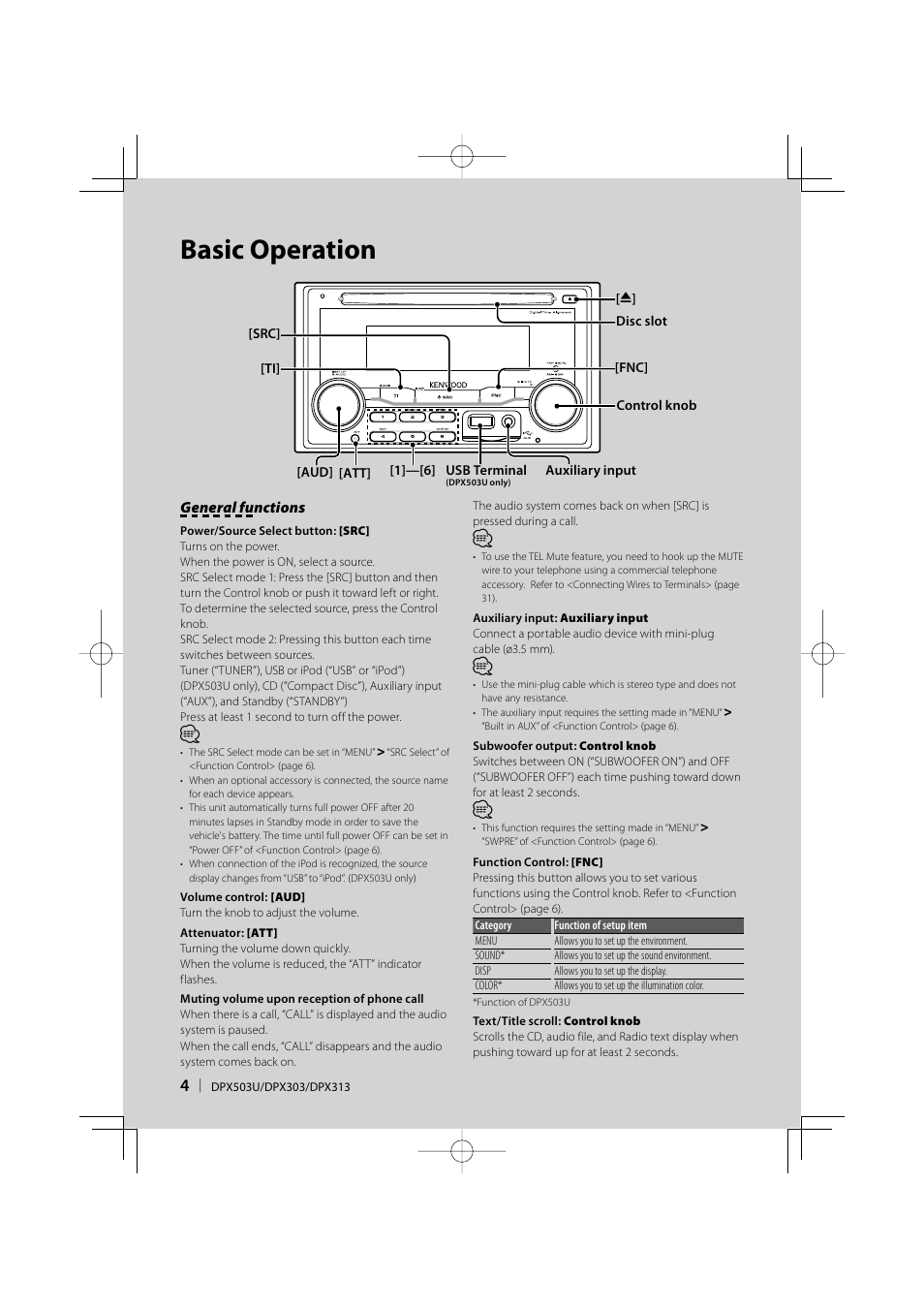 Basic operation | Kenwood DPX313 User Manual | Page 4 / 36