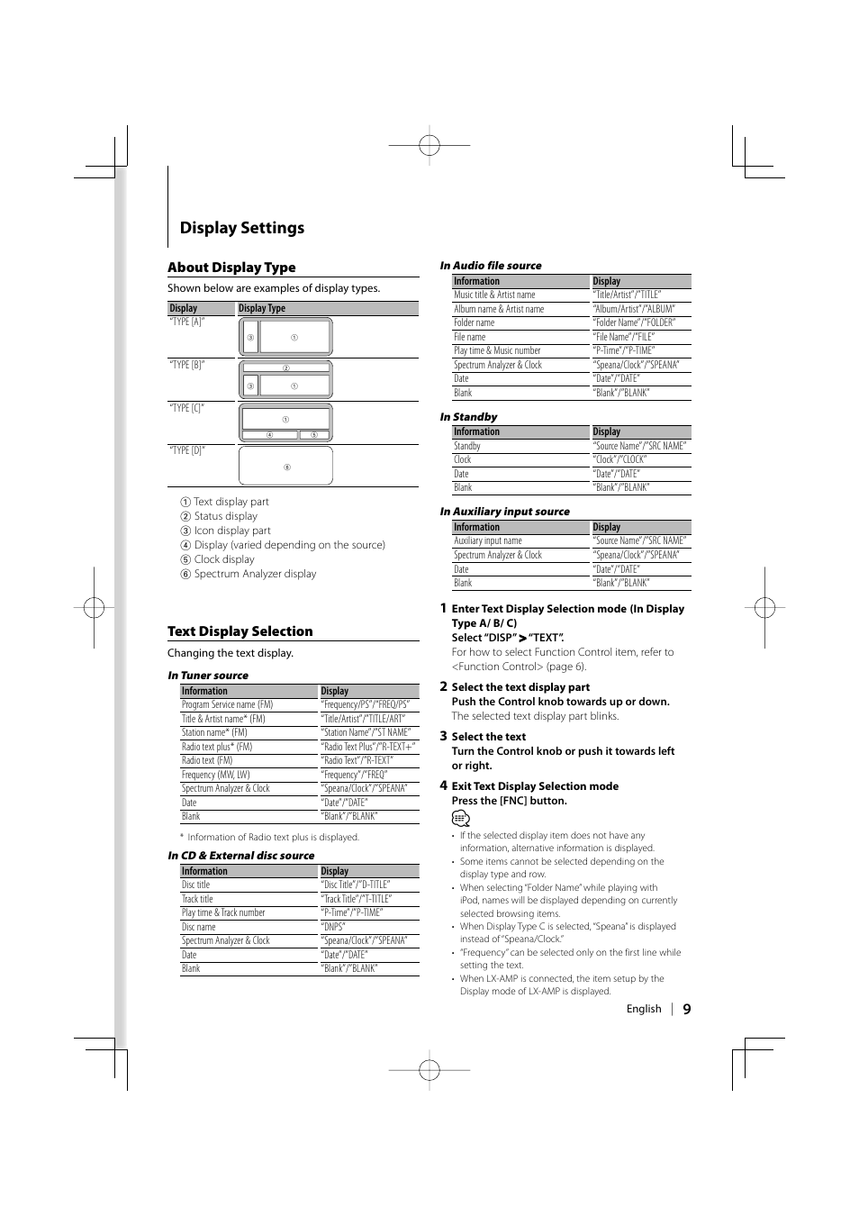 Display settings, About display type, Text display selection | Kenwood DPX313 User Manual | Page 9 / 36