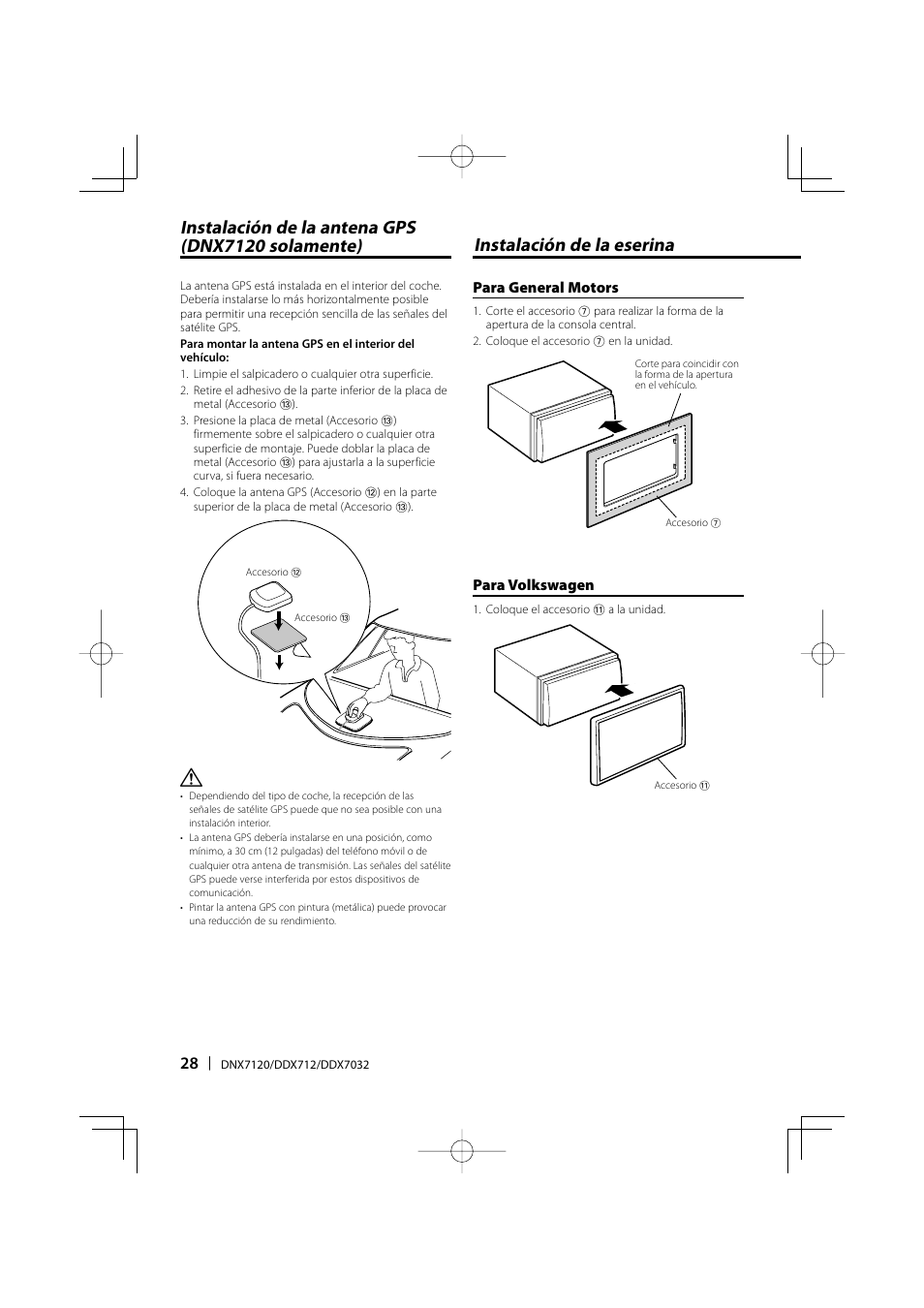 Instalación de la eserina, Instalación de la antena gps (dnx7120 solamente) | Kenwood DNX7120 User Manual | Page 28 / 32