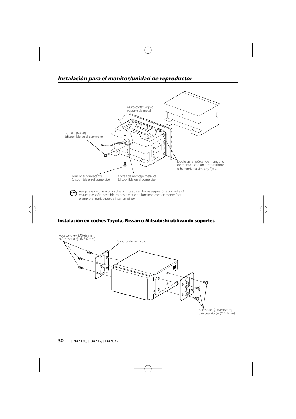 Instalación para el monitor/unidad de reproductor | Kenwood DNX7120 User Manual | Page 30 / 32