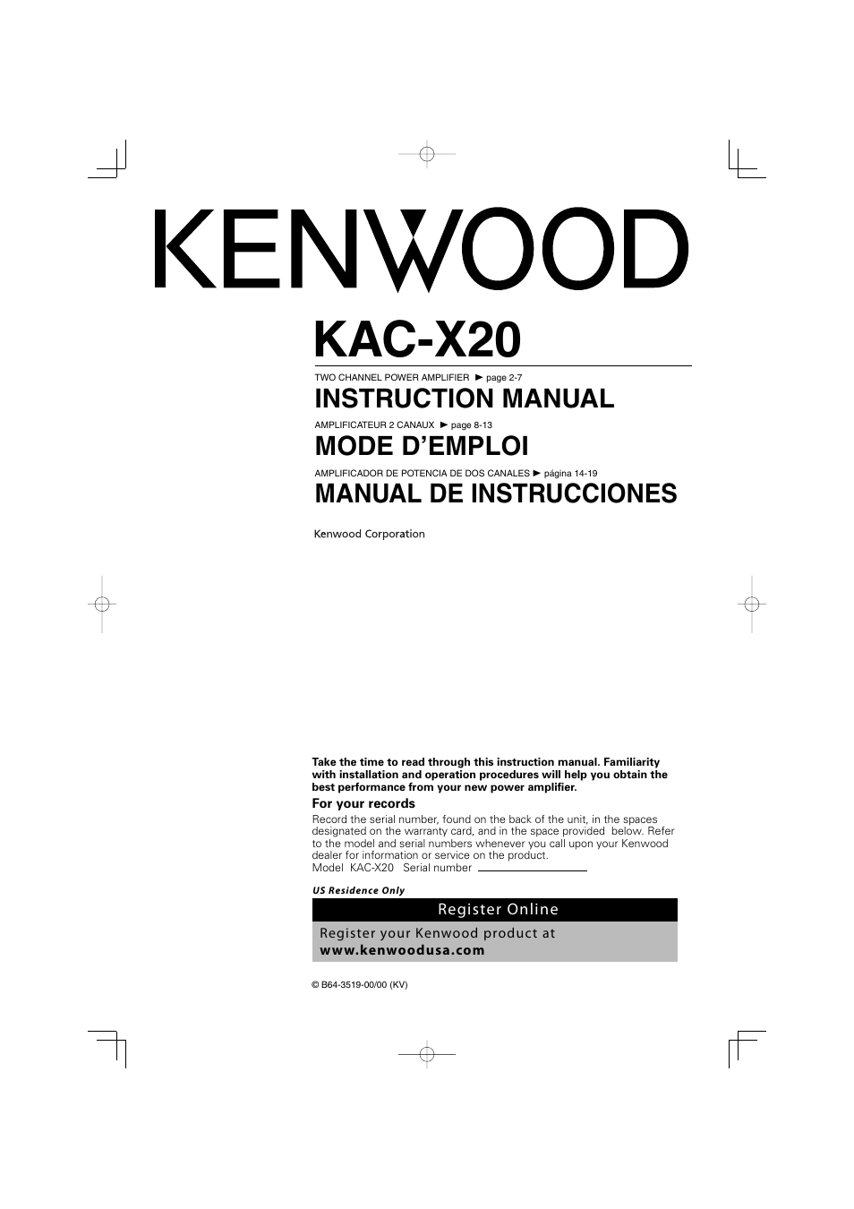 Kenwood eXcelon KAC-X20 User Manual | 20 pages