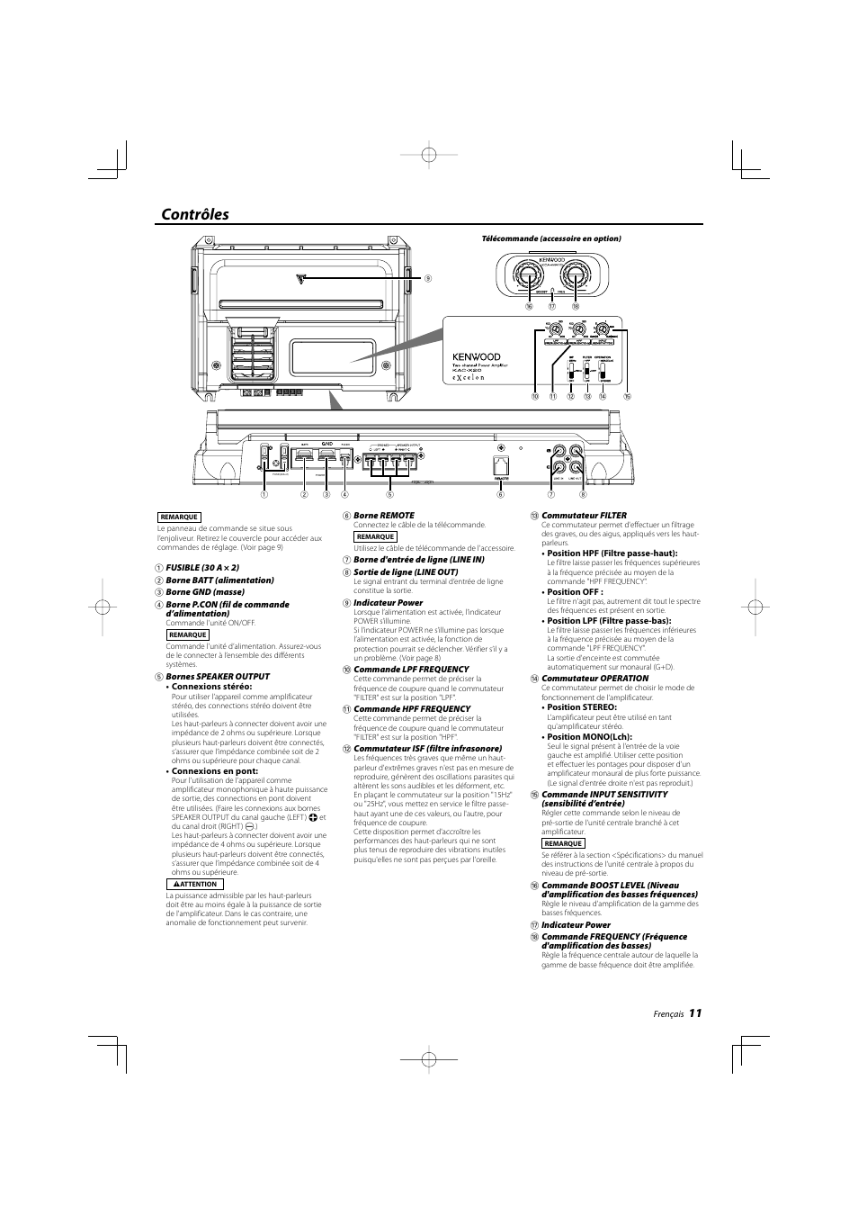 Contrôles | Kenwood eXcelon KAC-X20 User Manual | Page 11 / 20