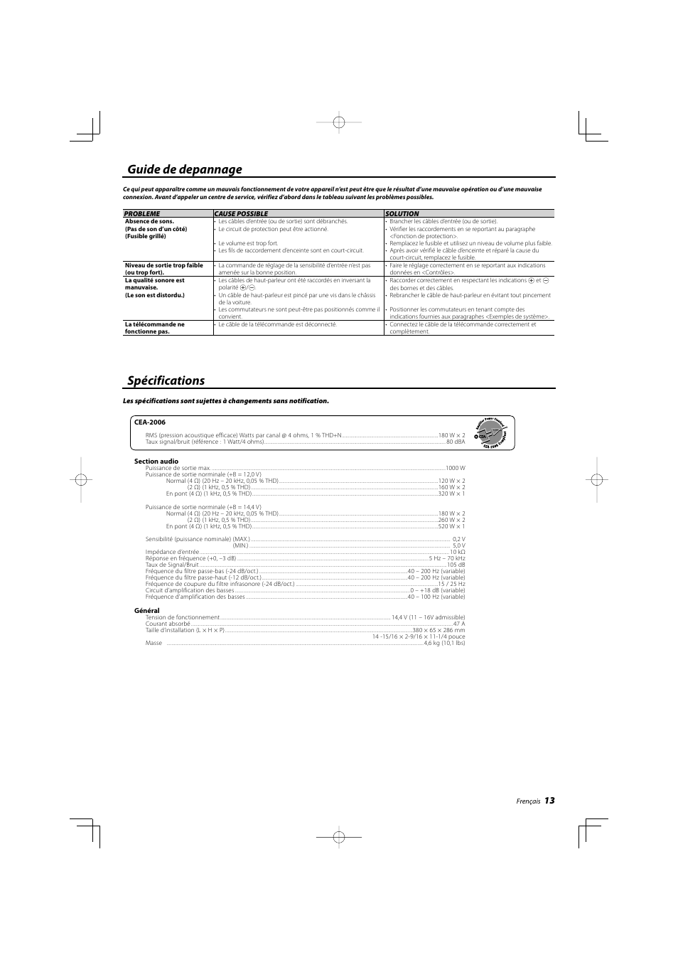 Guide de depannage, Spécifications | Kenwood eXcelon KAC-X20 User Manual | Page 13 / 20