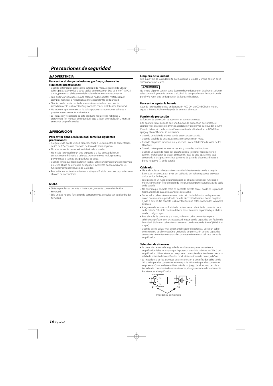 Precauciones de seguridad | Kenwood eXcelon KAC-X20 User Manual | Page 14 / 20