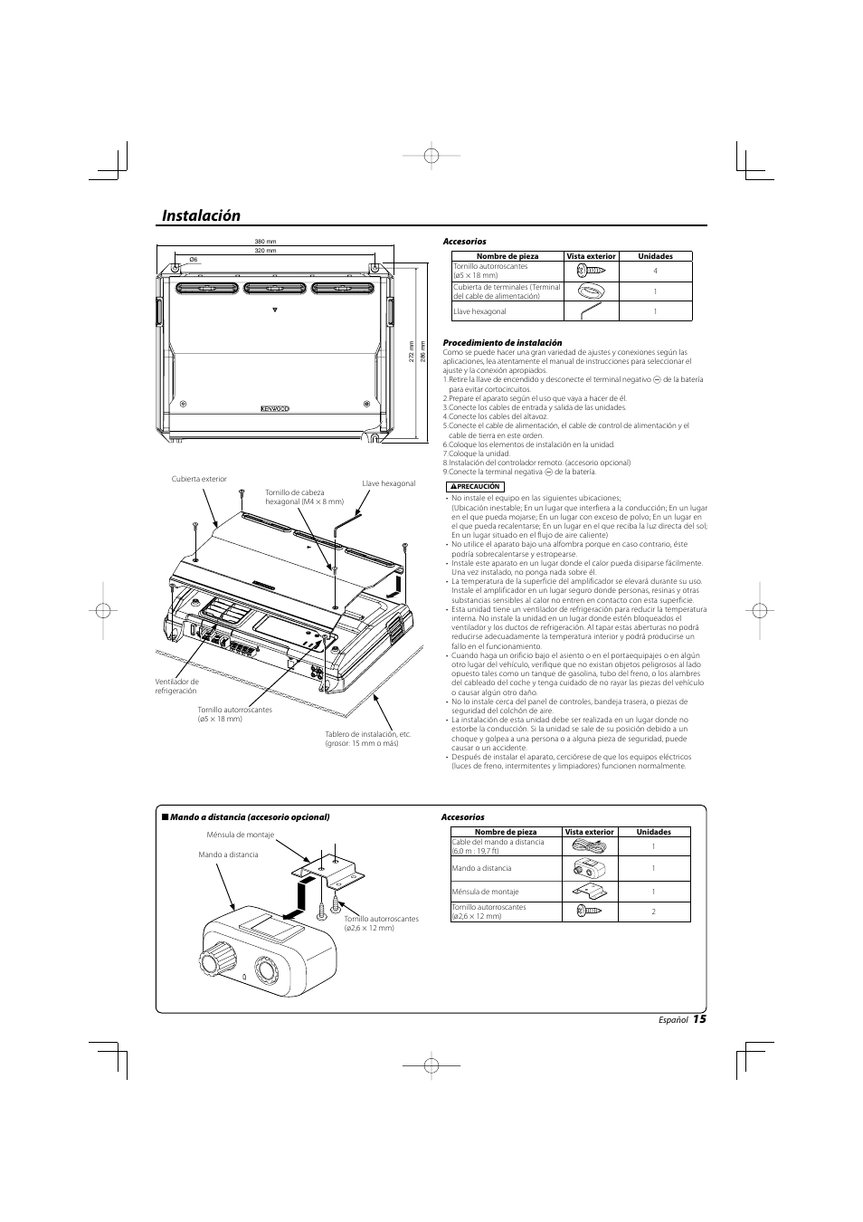 Instalación | Kenwood eXcelon KAC-X20 User Manual | Page 15 / 20