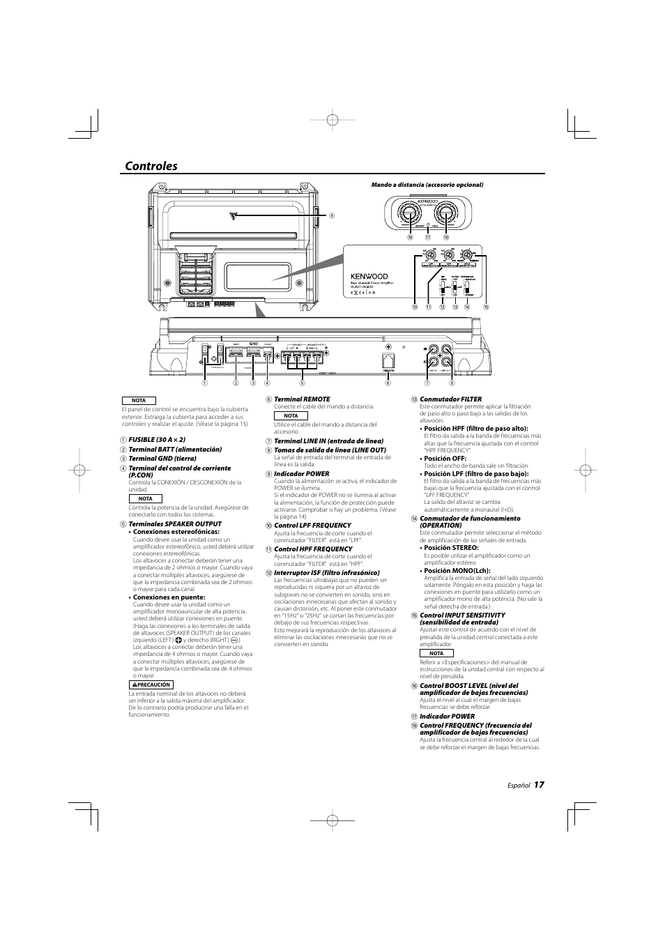 Controles | Kenwood eXcelon KAC-X20 User Manual | Page 17 / 20