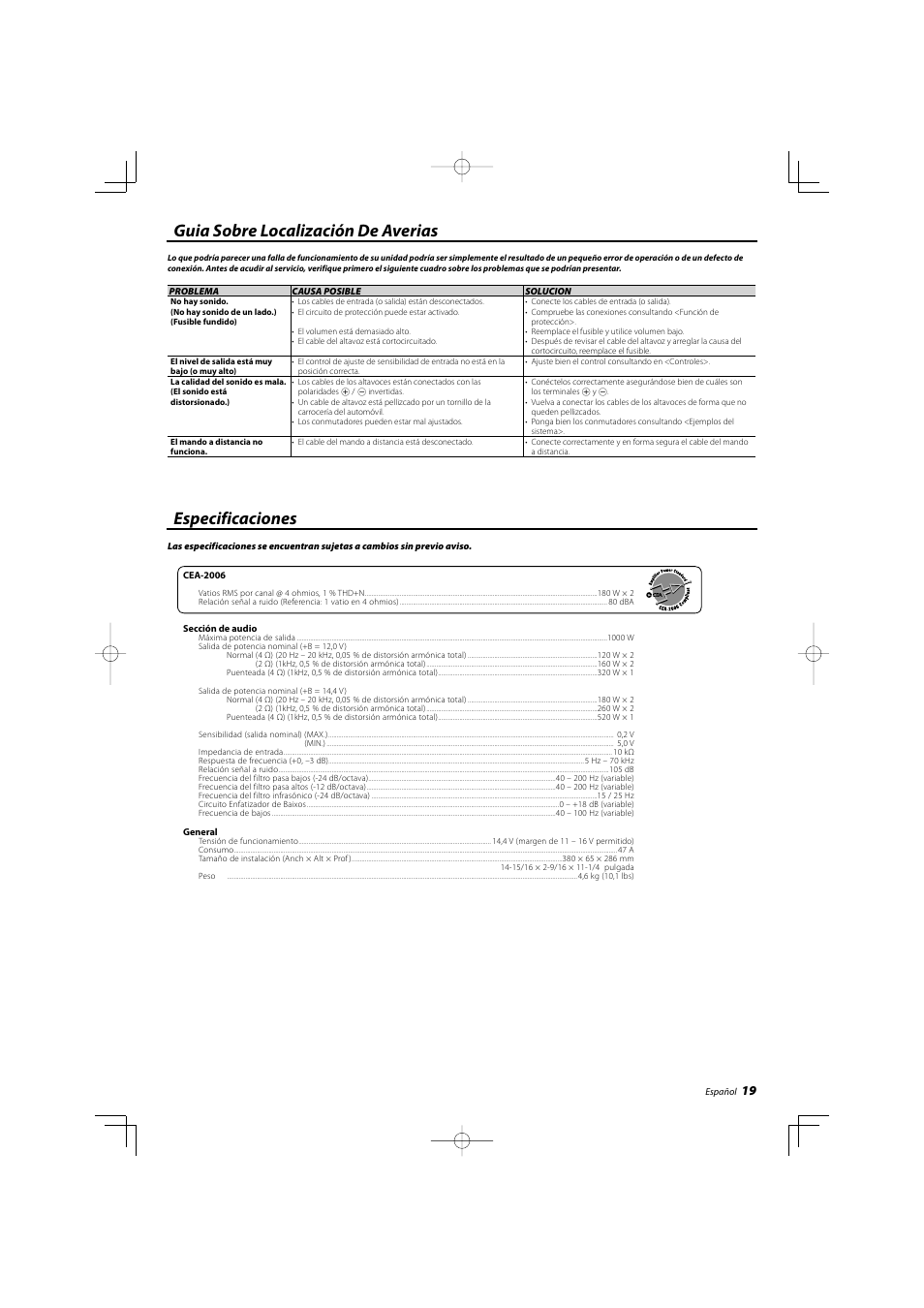 Guia sobre localización de averias, Especificaciones | Kenwood eXcelon KAC-X20 User Manual | Page 19 / 20