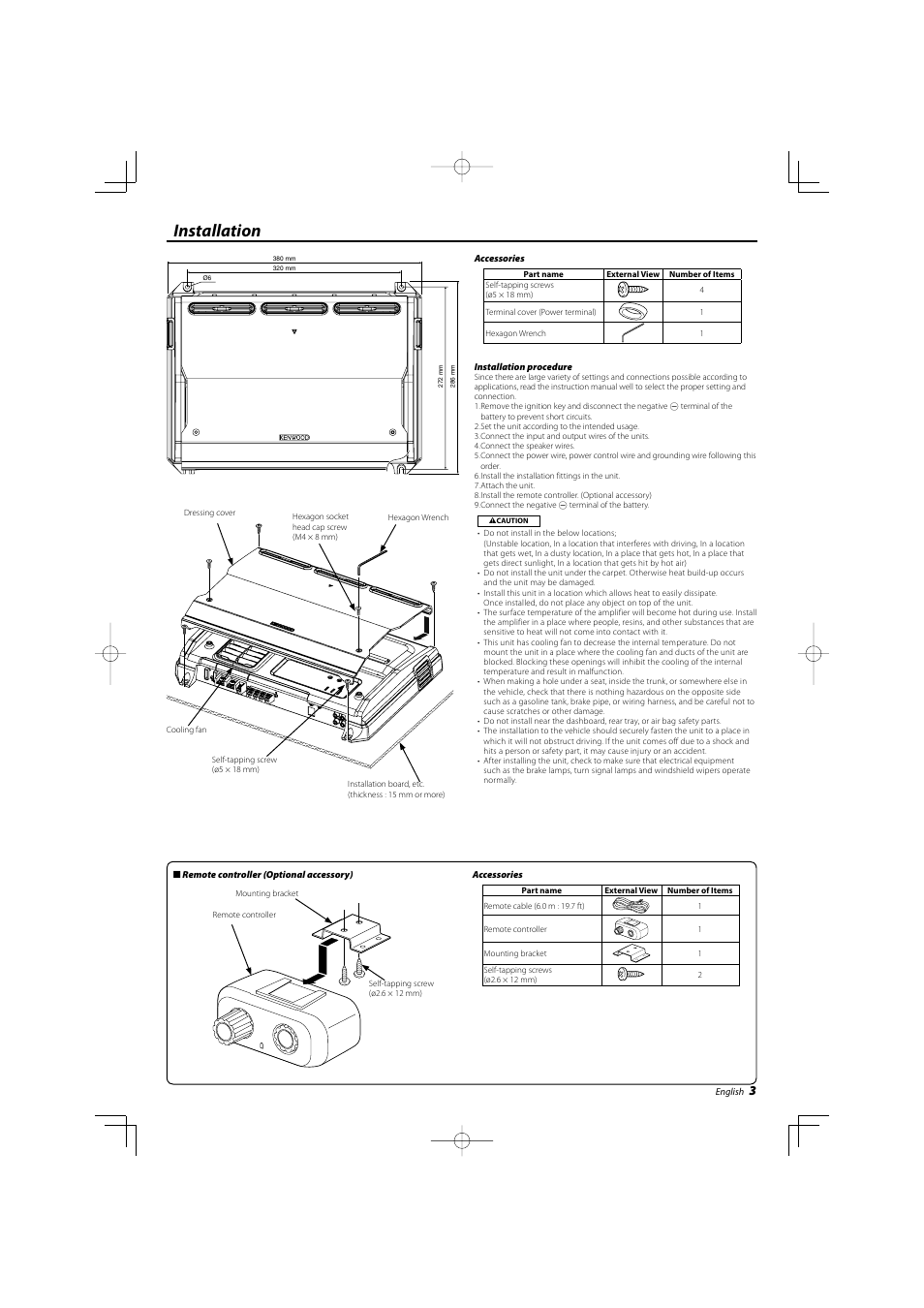 Installation | Kenwood eXcelon KAC-X20 User Manual | Page 3 / 20