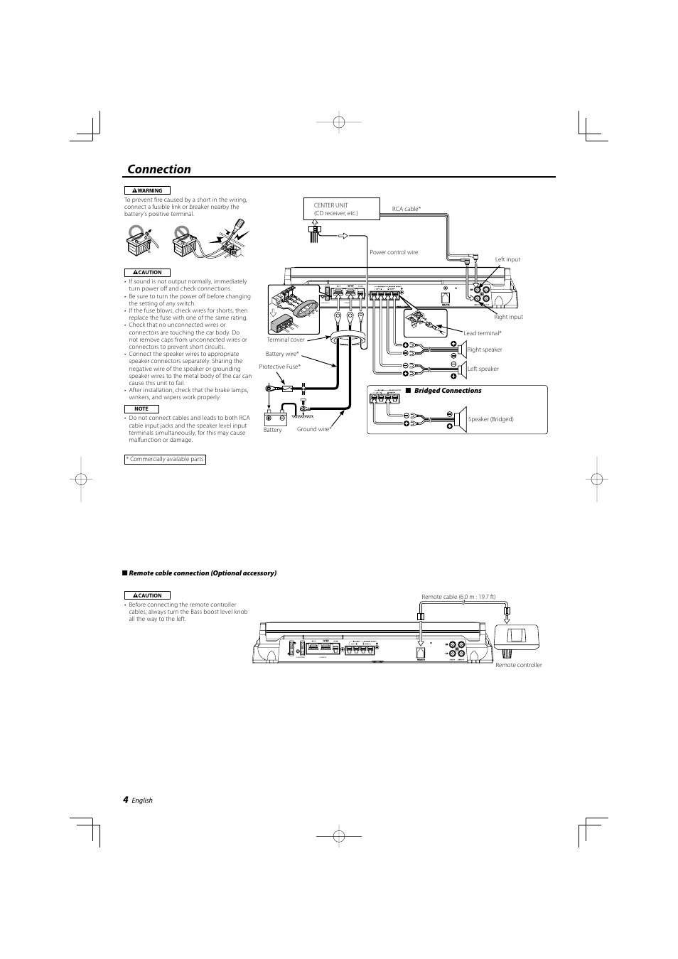 Connection, Power in, Fuse(30a s2) | Kenwood eXcelon KAC-X20 User Manual | Page 4 / 20