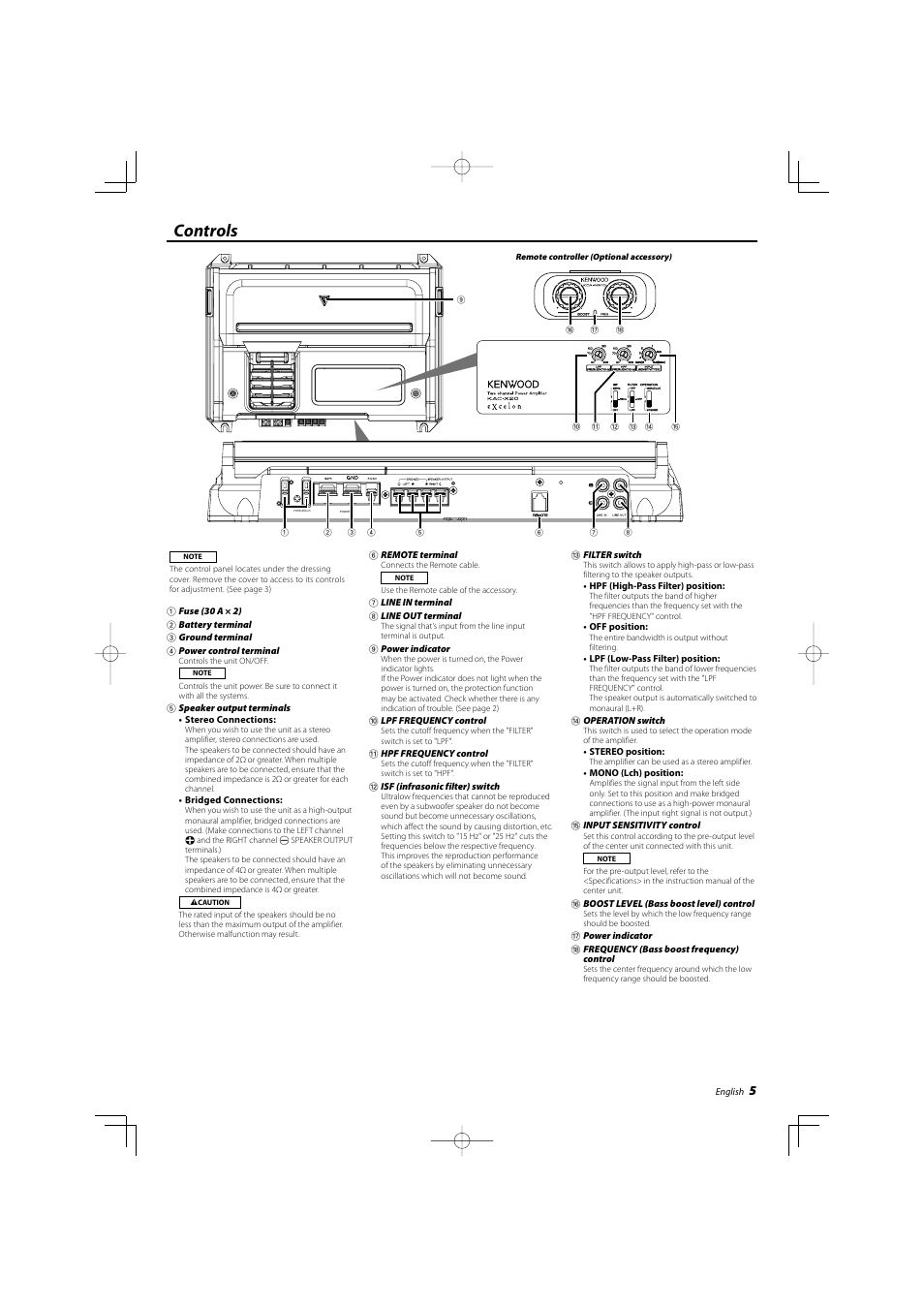 Controls | Kenwood eXcelon KAC-X20 User Manual | Page 5 / 20