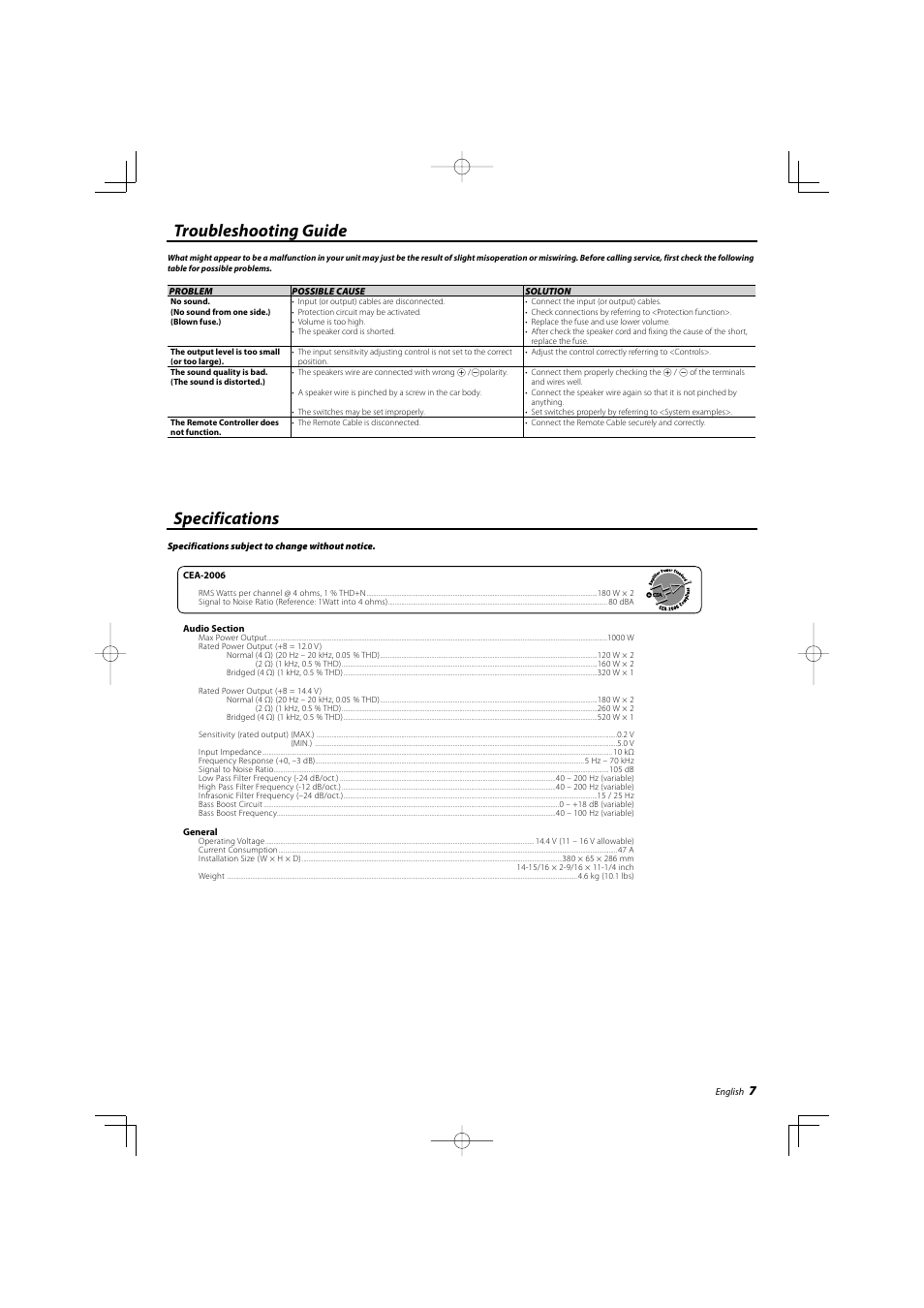 Troubleshooting guide, Specifications | Kenwood eXcelon KAC-X20 User Manual | Page 7 / 20