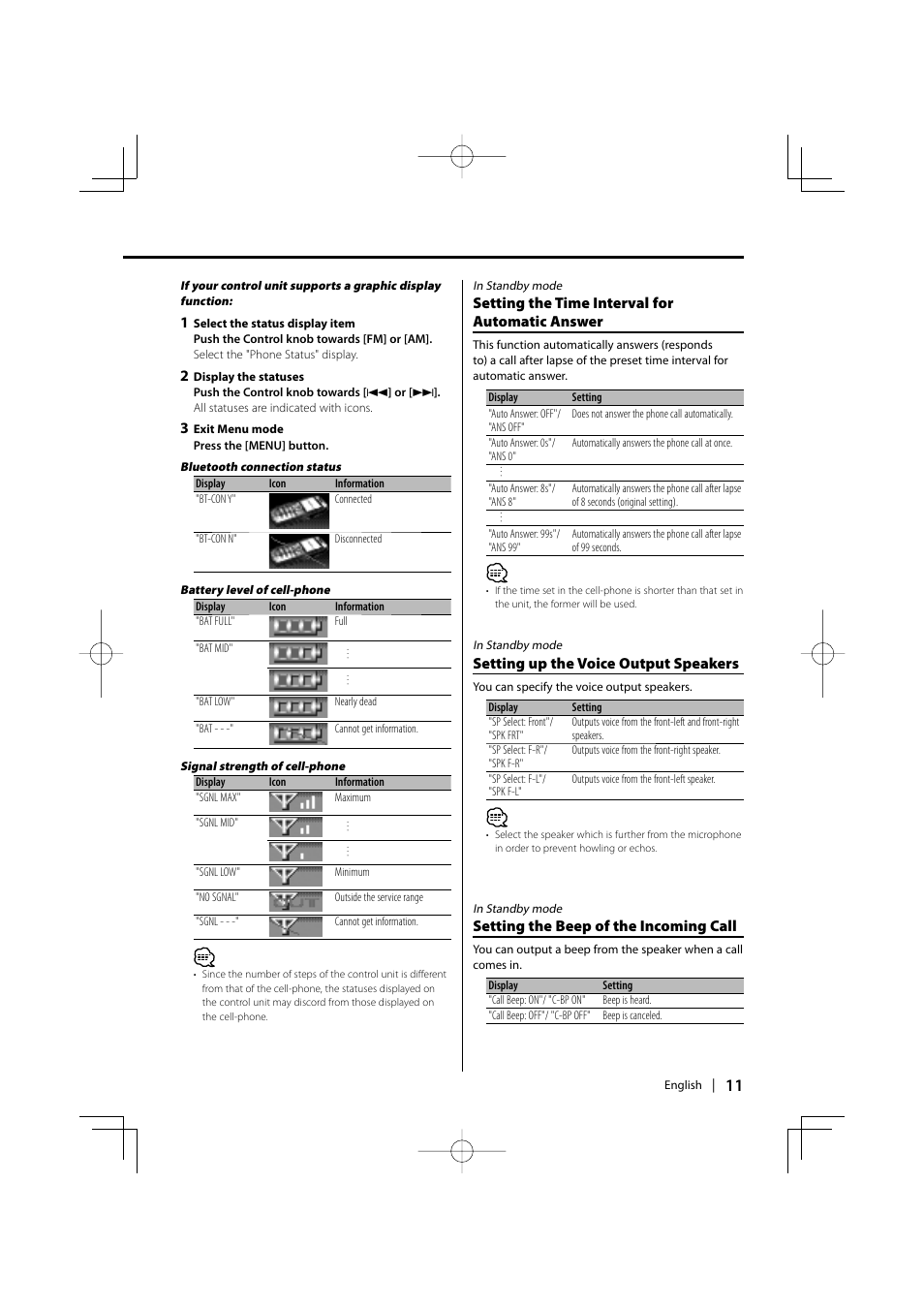 Setting the time interval for automatic answer, Setting up the voice output speakers, Setting the beep of the incoming call | Kenwood KCA-BT100 User Manual | Page 11 / 22